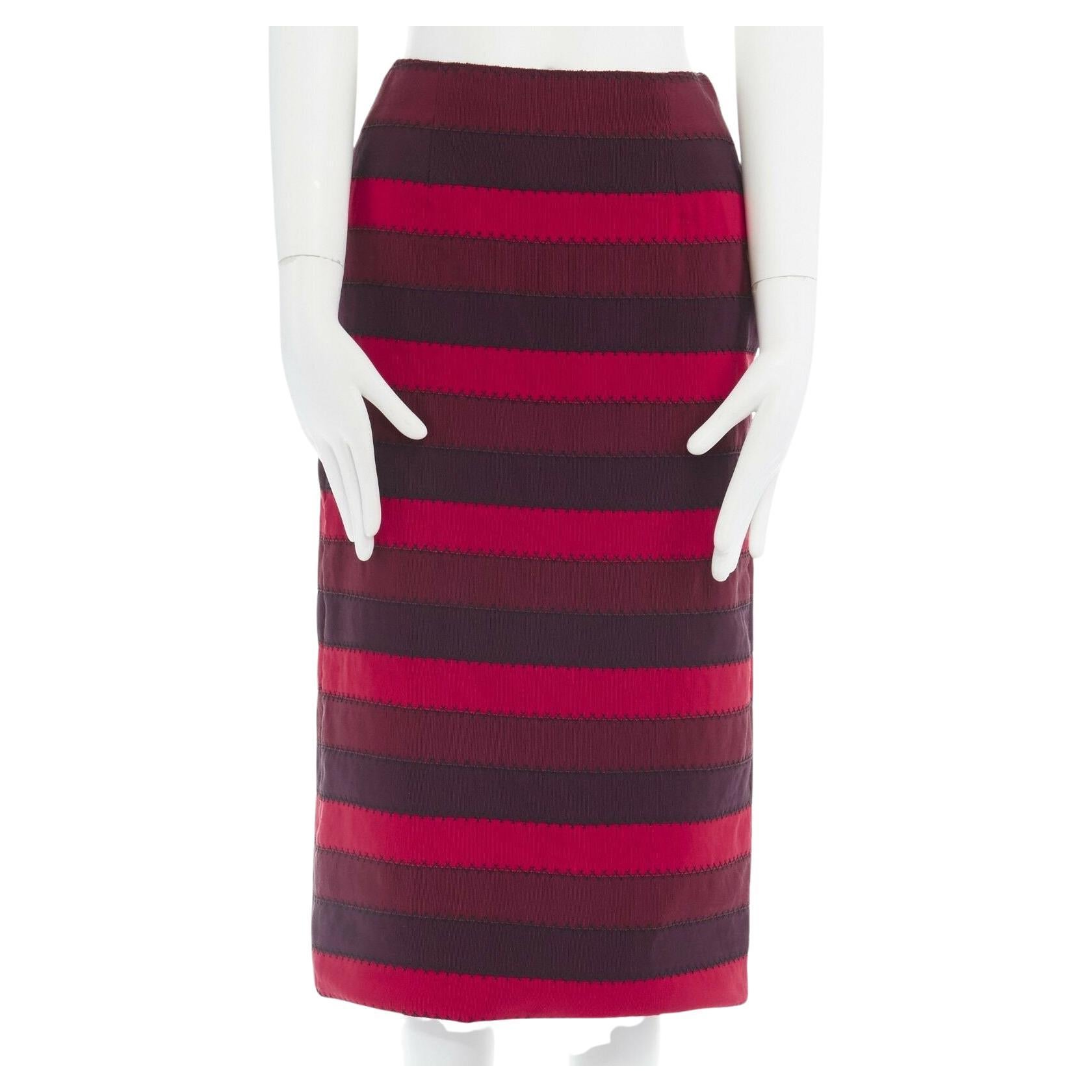 MARY KATRANTZOU red purple stripe ribbon overstitched fitted midi skirt UK8 26" For Sale