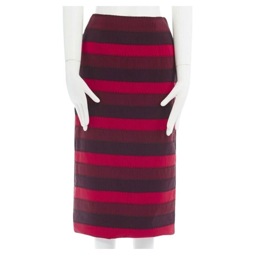 MARY KATRANTZOU red purple stripe ribbon overstitched fitted midi skirt UK8 26" For Sale