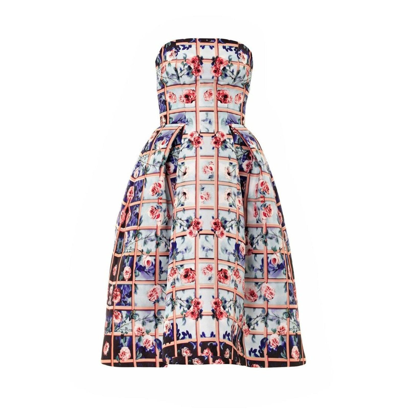 Mary Katrantzou Resort 2014 Trägerlos Floral Cocktailkleid Sz.44IT (Grau) im Angebot