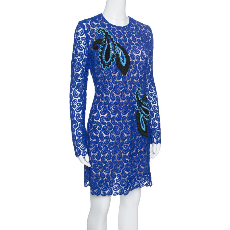 Mary Katrantzou Sapphire Blue Paisley Guipure Lace Long Sleeve Geri Dress M In Excellent Condition In Dubai, Al Qouz 2