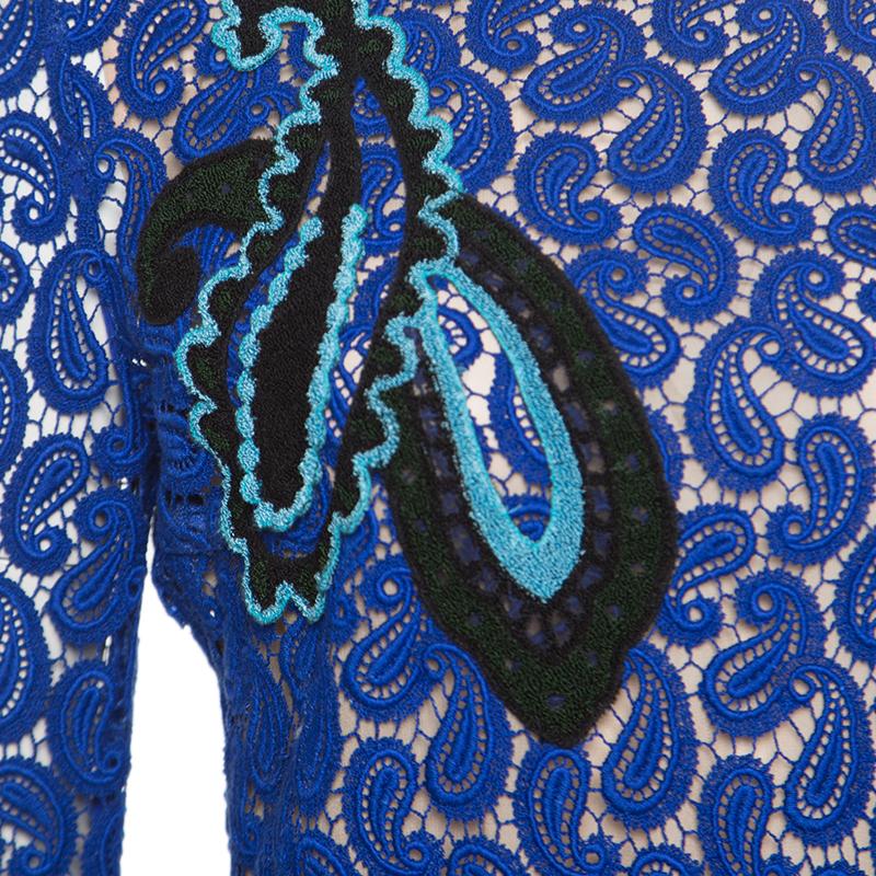 Mary Katrantzou Sapphire Blue Paisley Guipure Lace Long Sleeve Geri Dress M 2