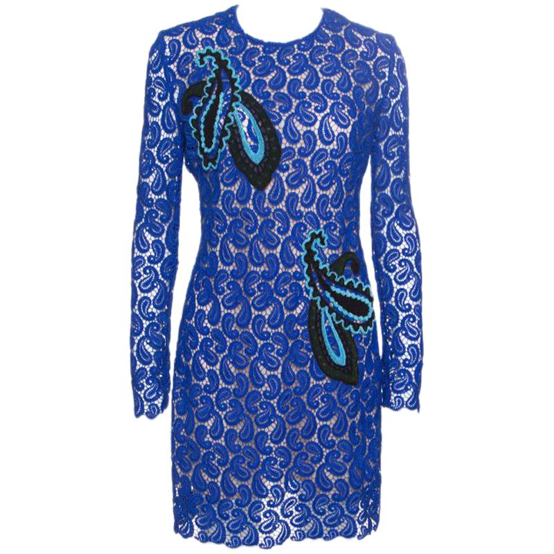 Mary Katrantzou Sapphire Blue Paisley Guipure Lace Long Sleeve Geri Dress M