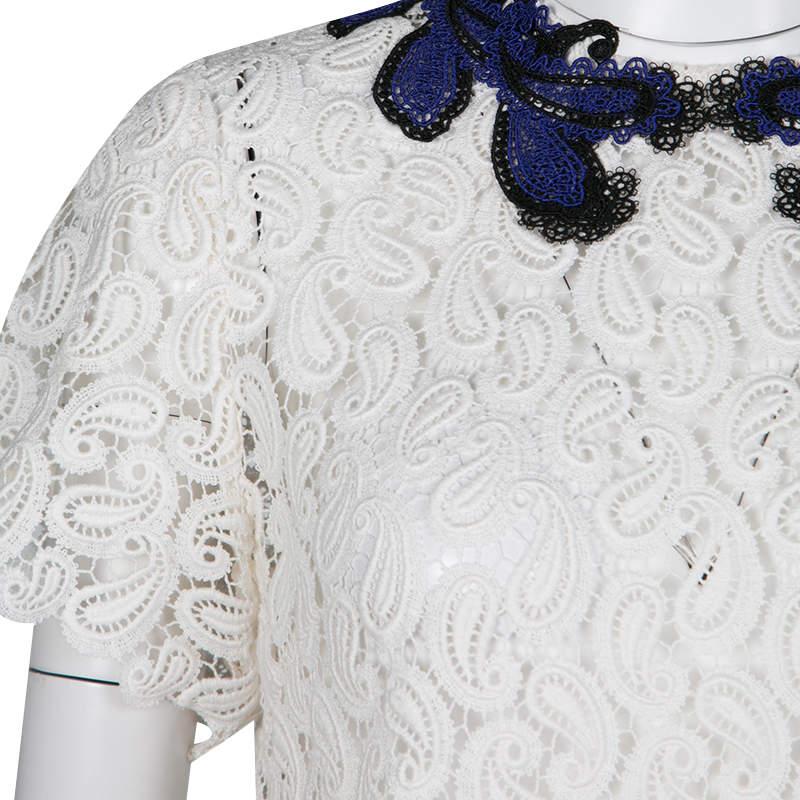 Women's Mary Katrantzou White Paisley Guipure Lace Contrast Applique Birk Top M For Sale