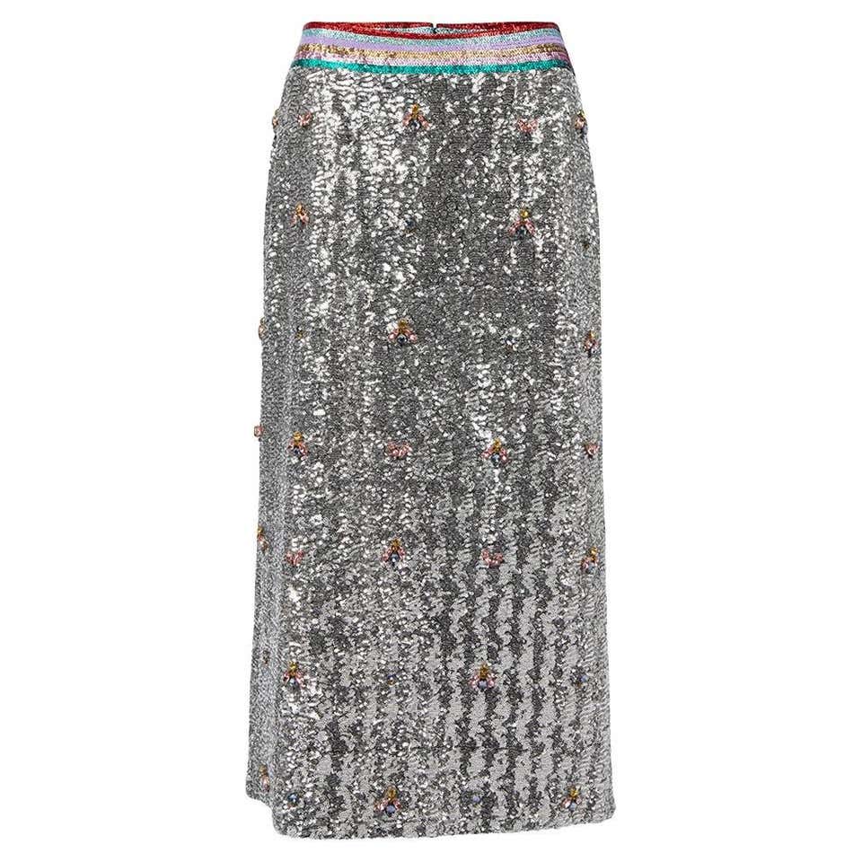 Mary Katrantzou Women's Silver Sequined Embellished Midi Skirt For Sale ...