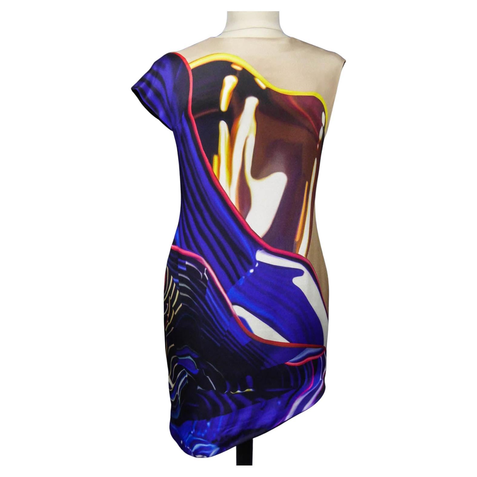 Mary Katranzou Asymmetrical Printed Silk Dress Circa 2010 For Sale