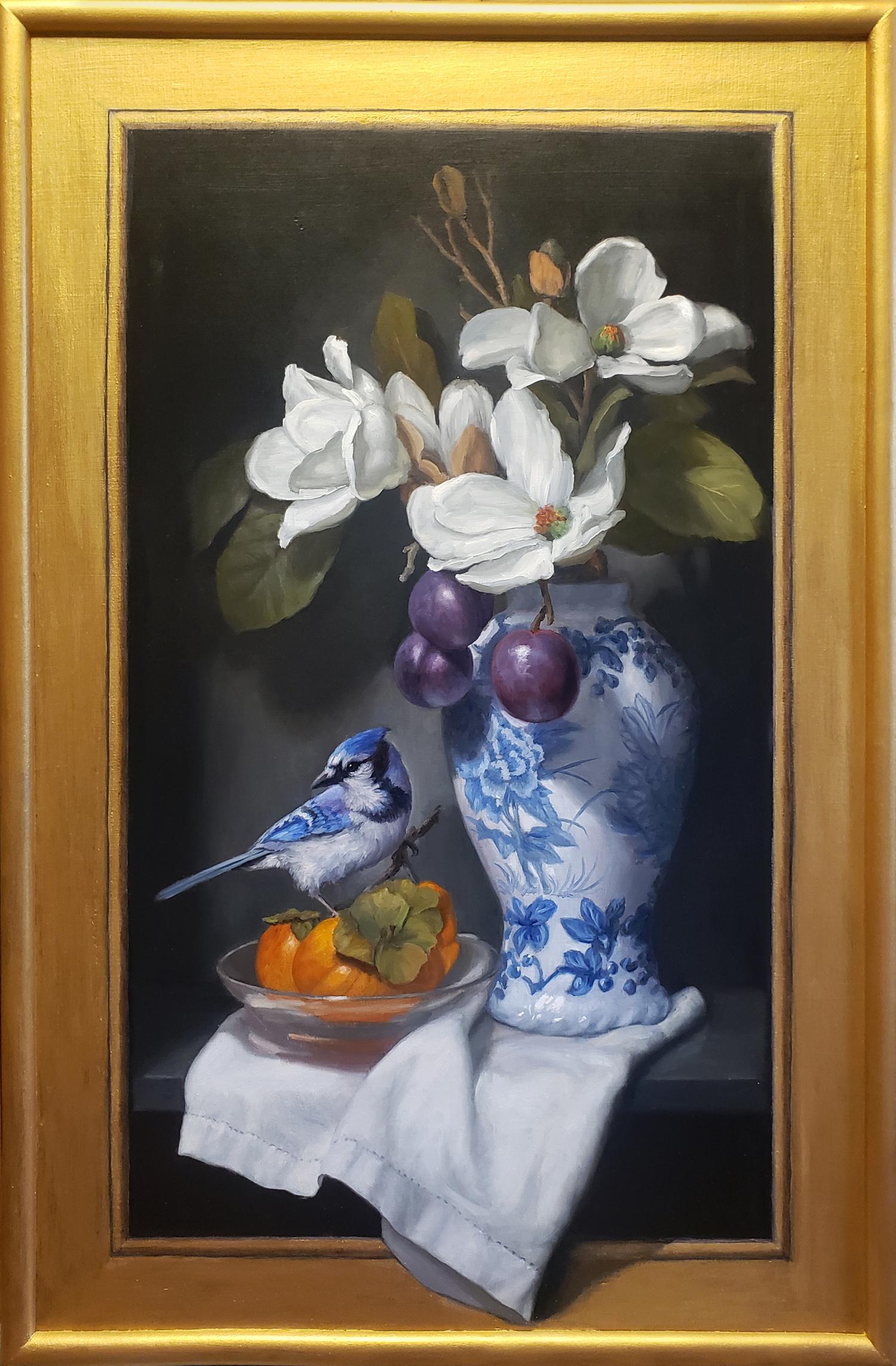 Mary Kay West Still-Life Painting - Magnolia Blossoms and Blue Jay