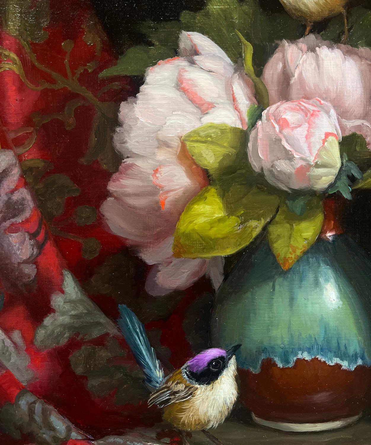 Peonie e scriccioli delle fate - Painting di Mary Kay West