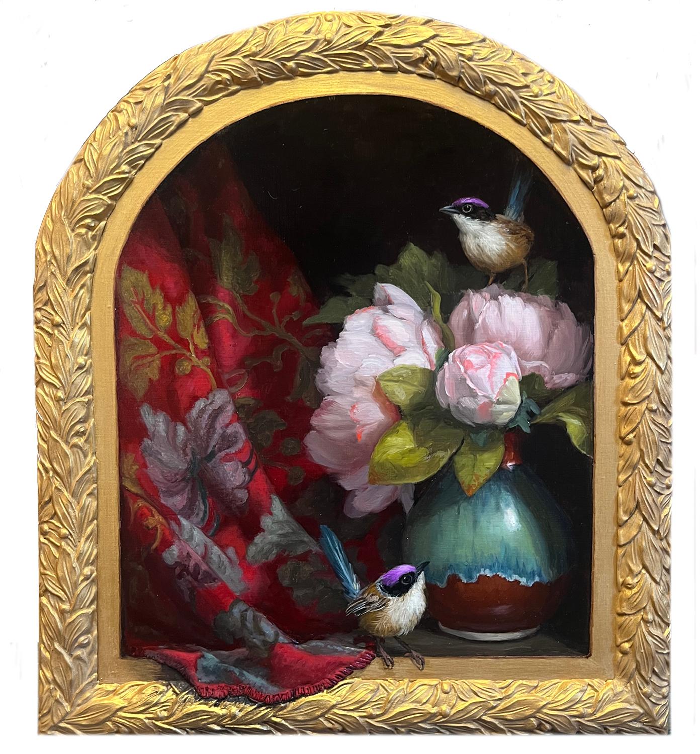 Peonie e scriccioli delle fate - Still-Life Painting Nero di Mary Kay West