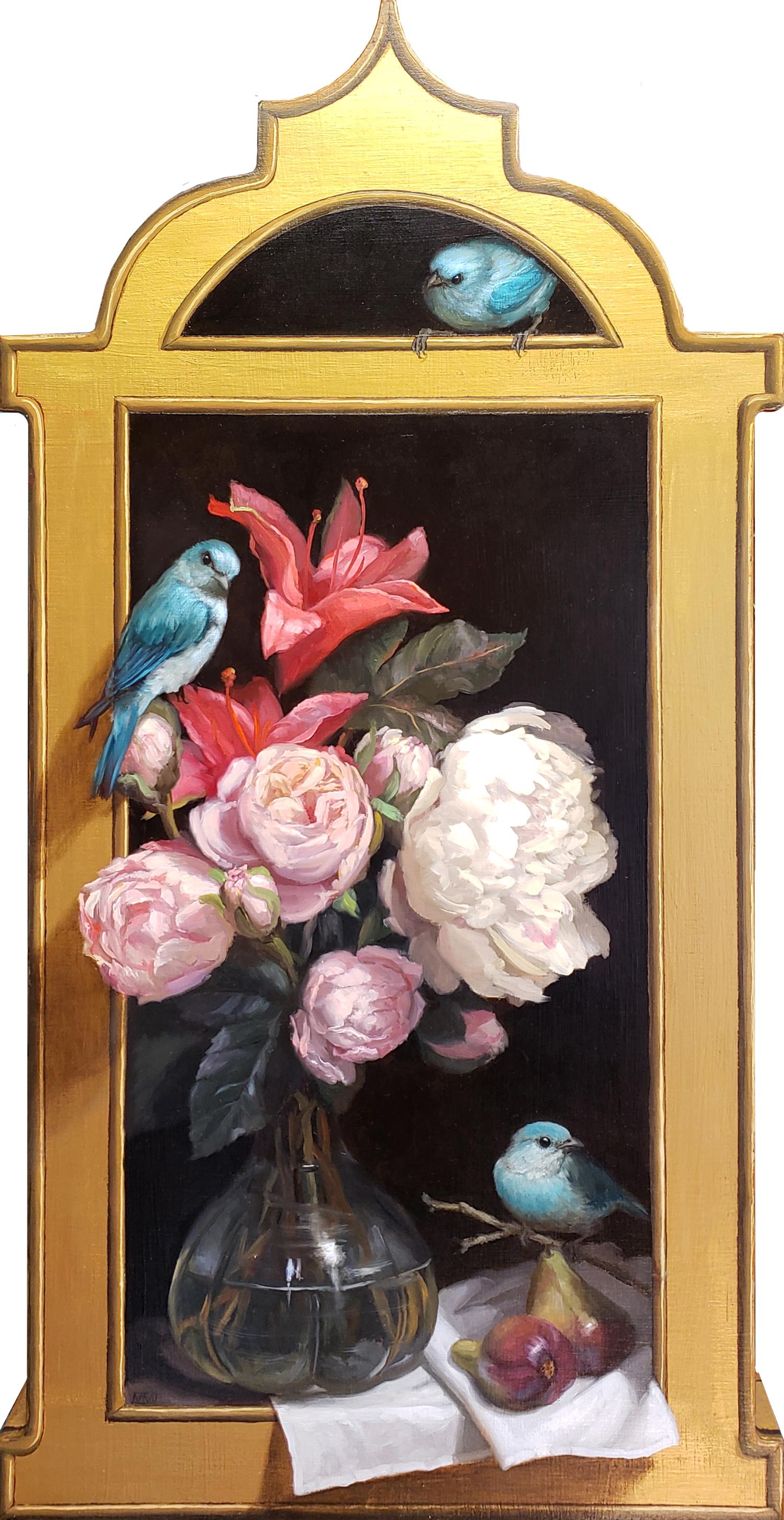 Mary Kay West Still-Life Painting – Pfingstrosen und Sterngehänge- Lilien