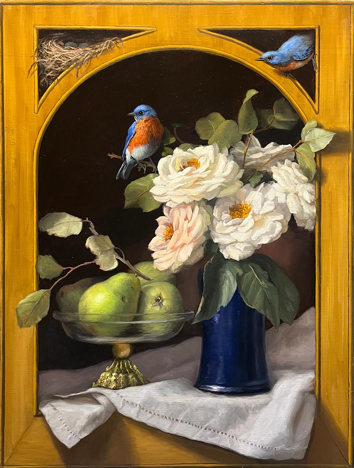 Roses and Bluebirds - Realist Painting by Mary Kay West