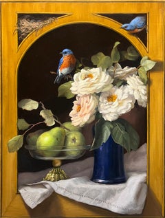 Rosas y pájaros azules