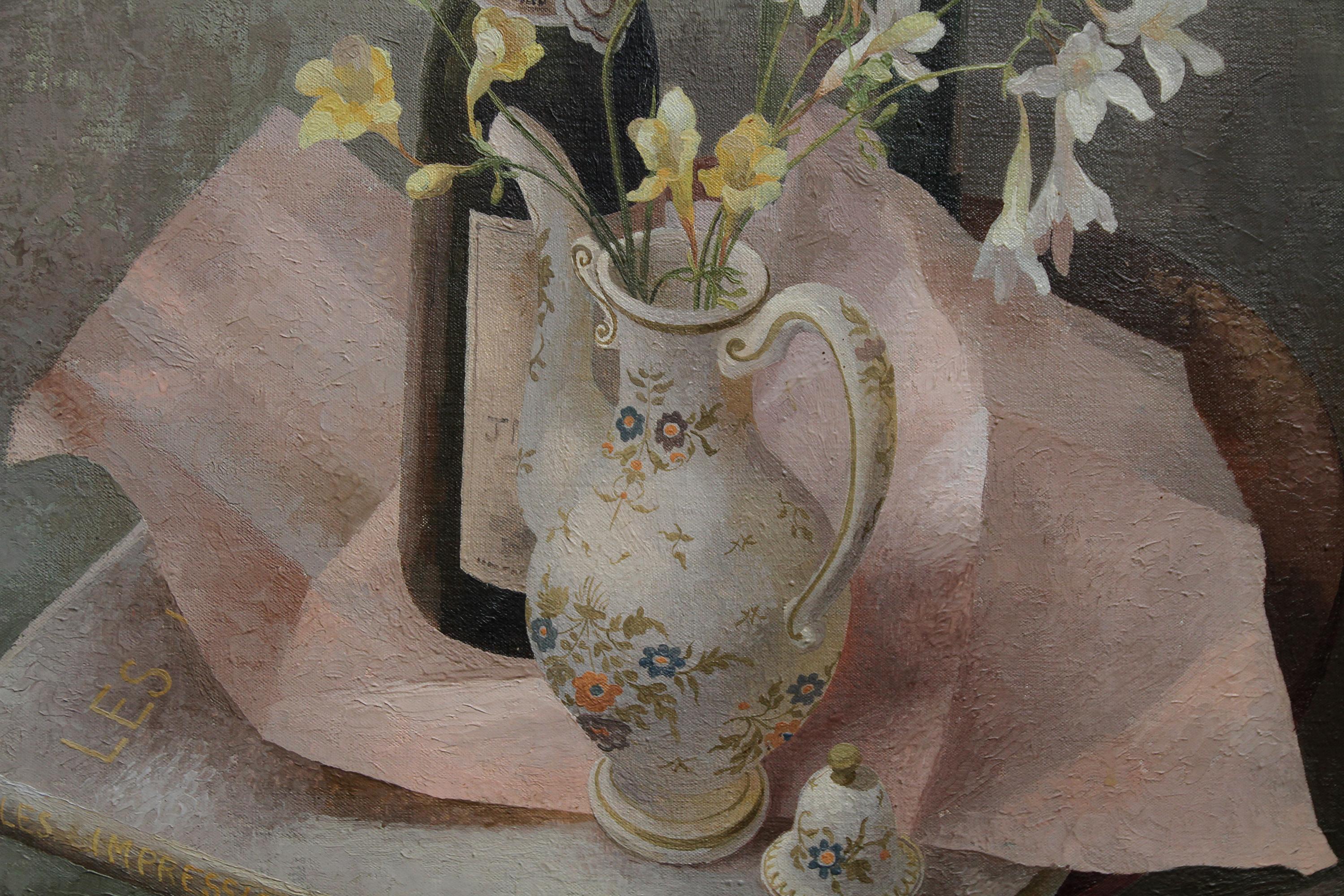 A stunning British RA exhibited still life oil painting by artist Mary Kent Harrison who exhibited throughout her career. This stunning oil is a bold, adventurous and confident still life floral arrangement around The French Coffee Pot. This is an