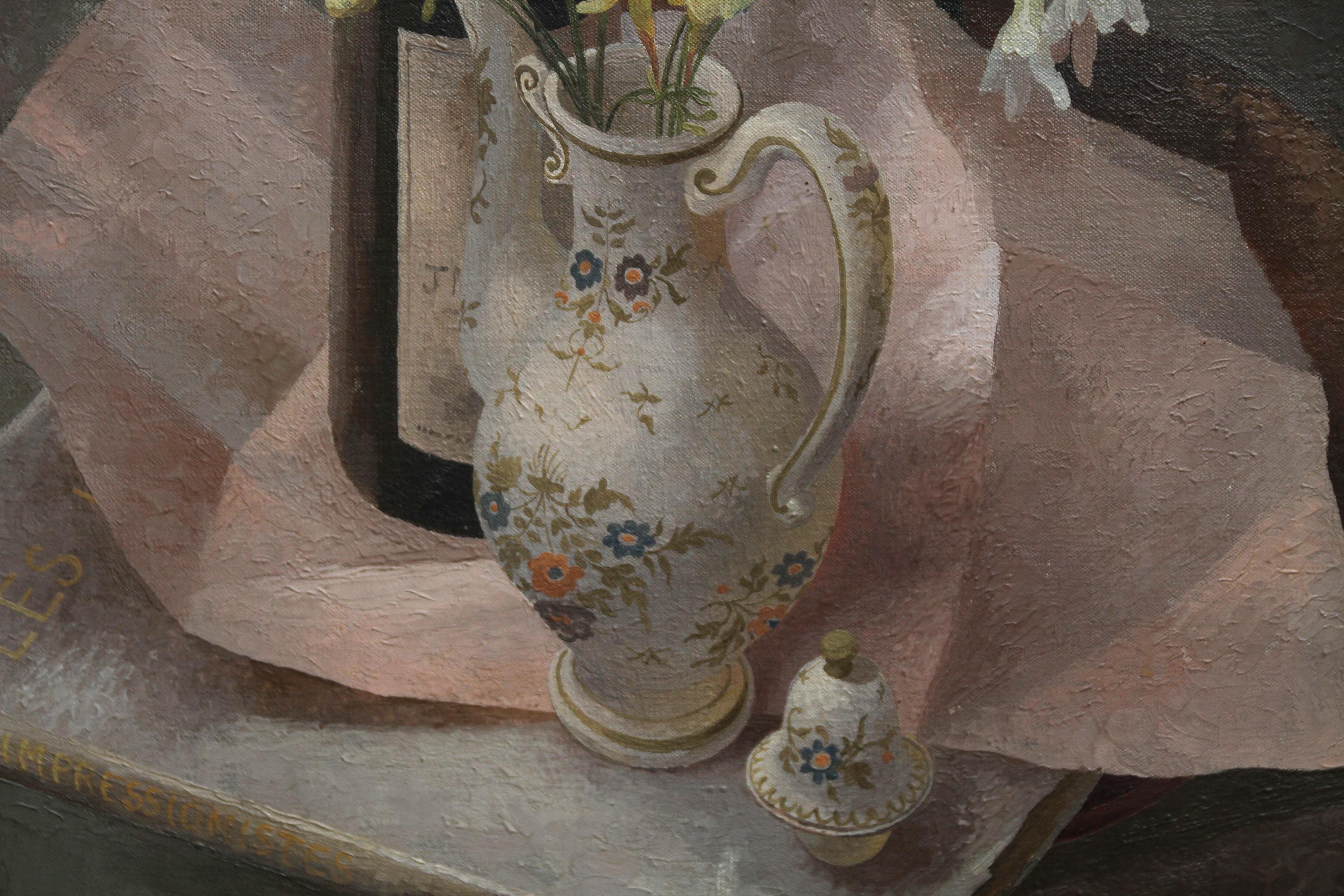 Französische Kaffeekanne – britische Ausstellungskunst 1960er Jahre, Blumenstillleben, Ölgemälde im Angebot 1