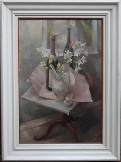 French Coffee Pot - British exh art 1960s floral still life oil painting flowers