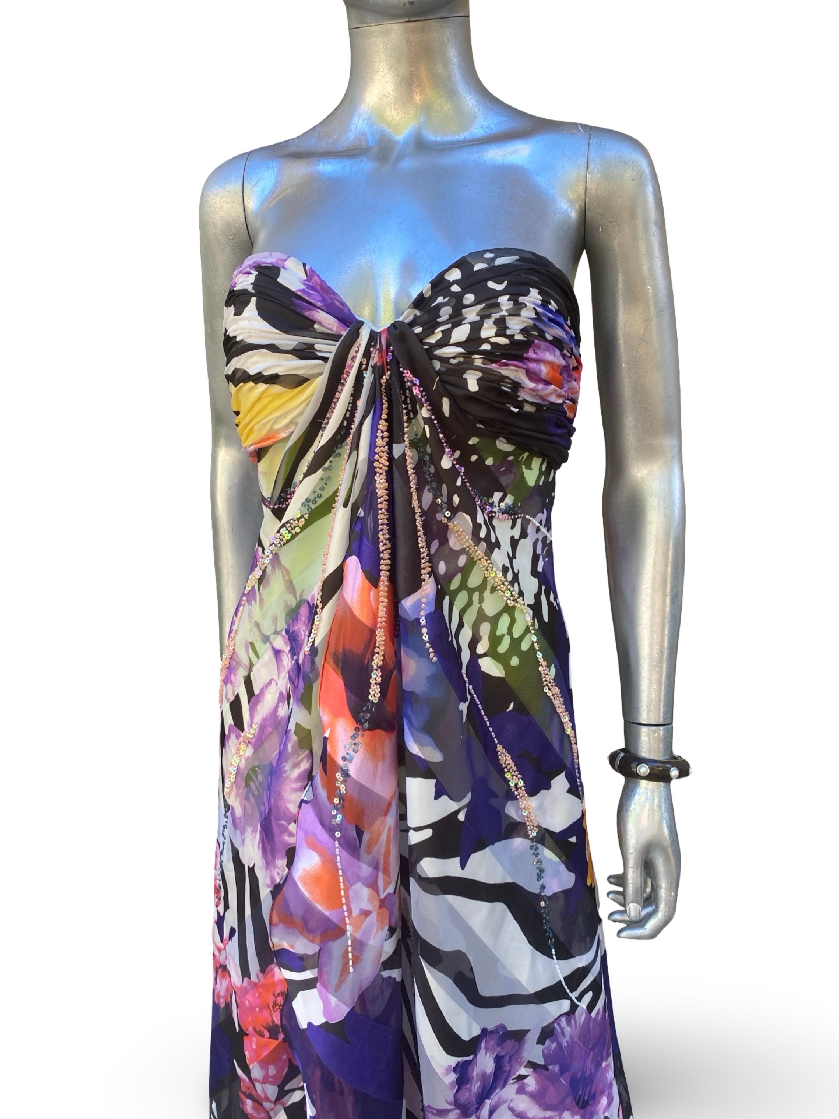 I.L.A. Couture Beaded Floral Ruched  Robe longue sans bretelles Taille 8 en vente 5