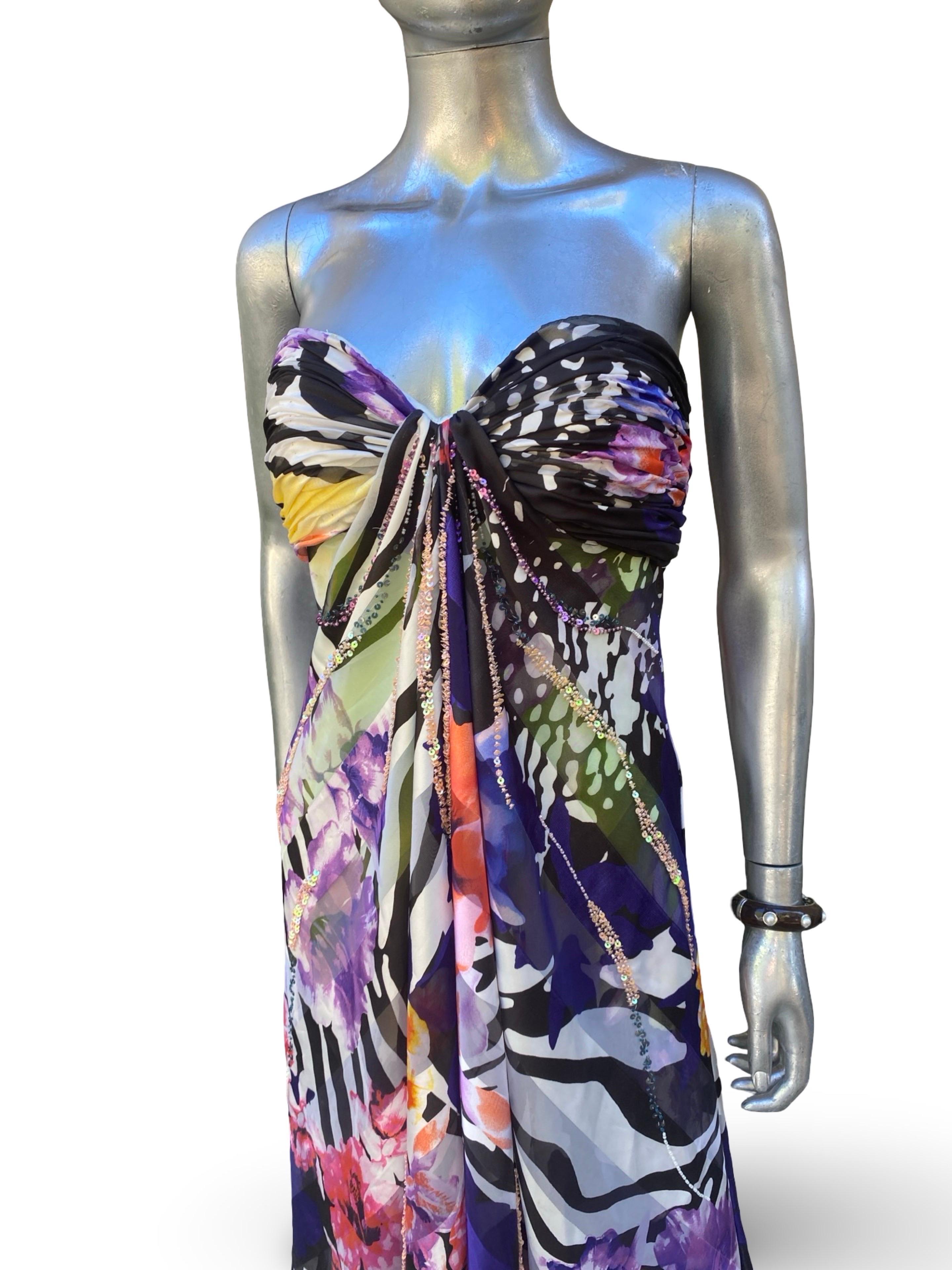 I.L.A. Couture Beaded Floral Ruched  Robe longue sans bretelles Taille 8 Bon état - En vente à Palm Desert, CA