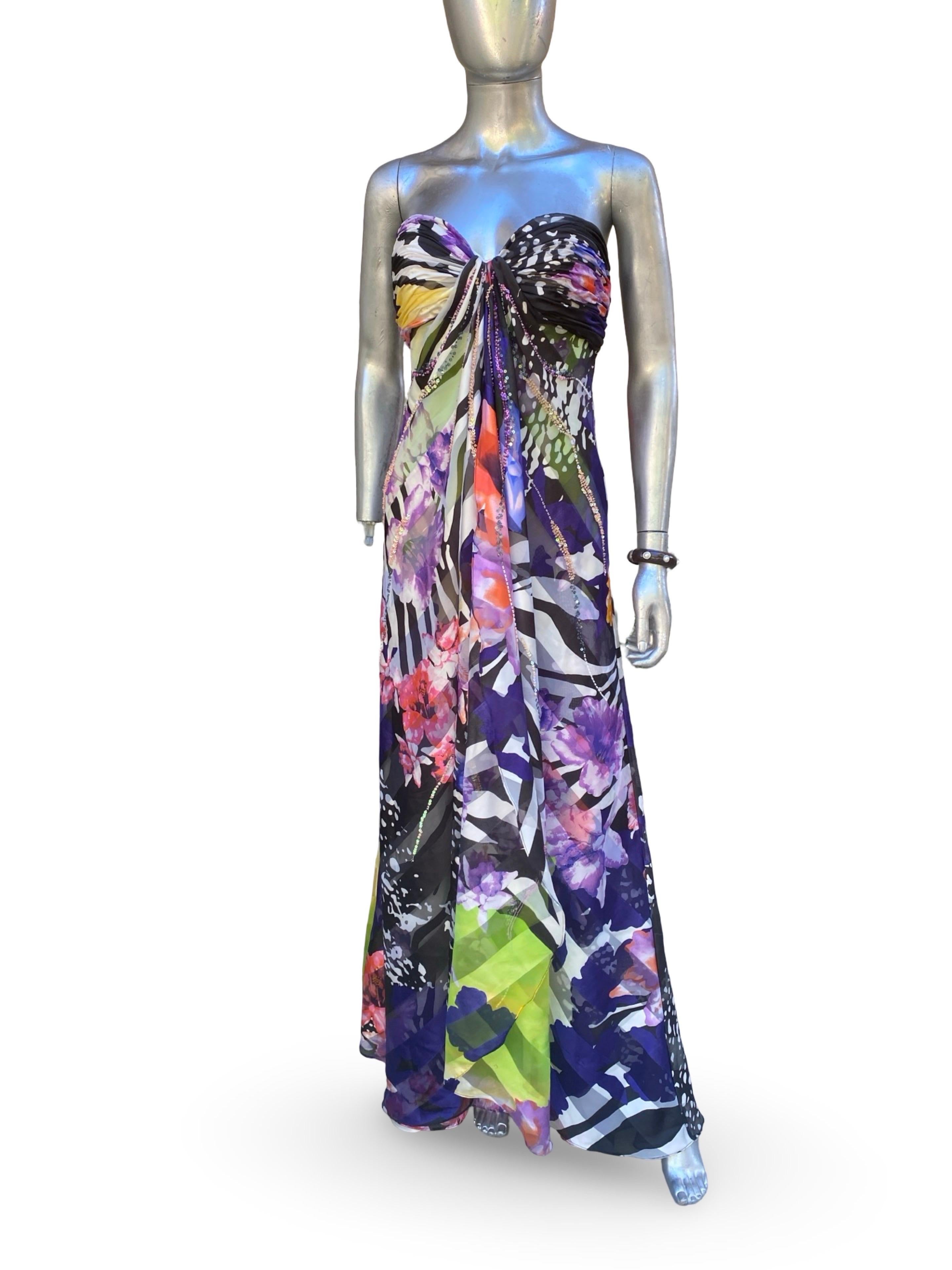 I.L.A. Couture Beaded Floral Ruched  Robe longue sans bretelles Taille 8 en vente 1