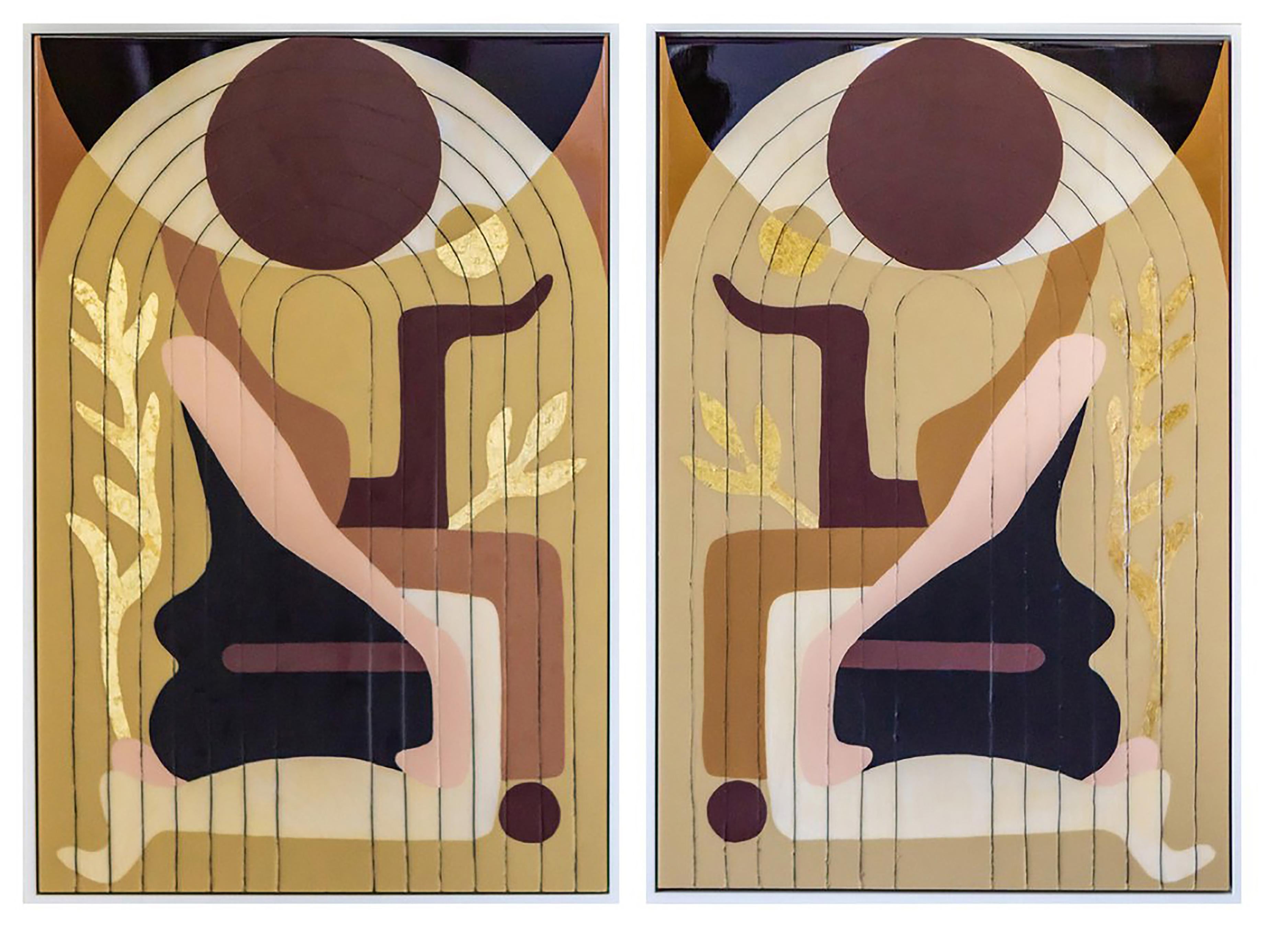 Mary Lai Abstract Painting -  "Better Together  diptych mixed media acrylic string gold foil & resin on wood 