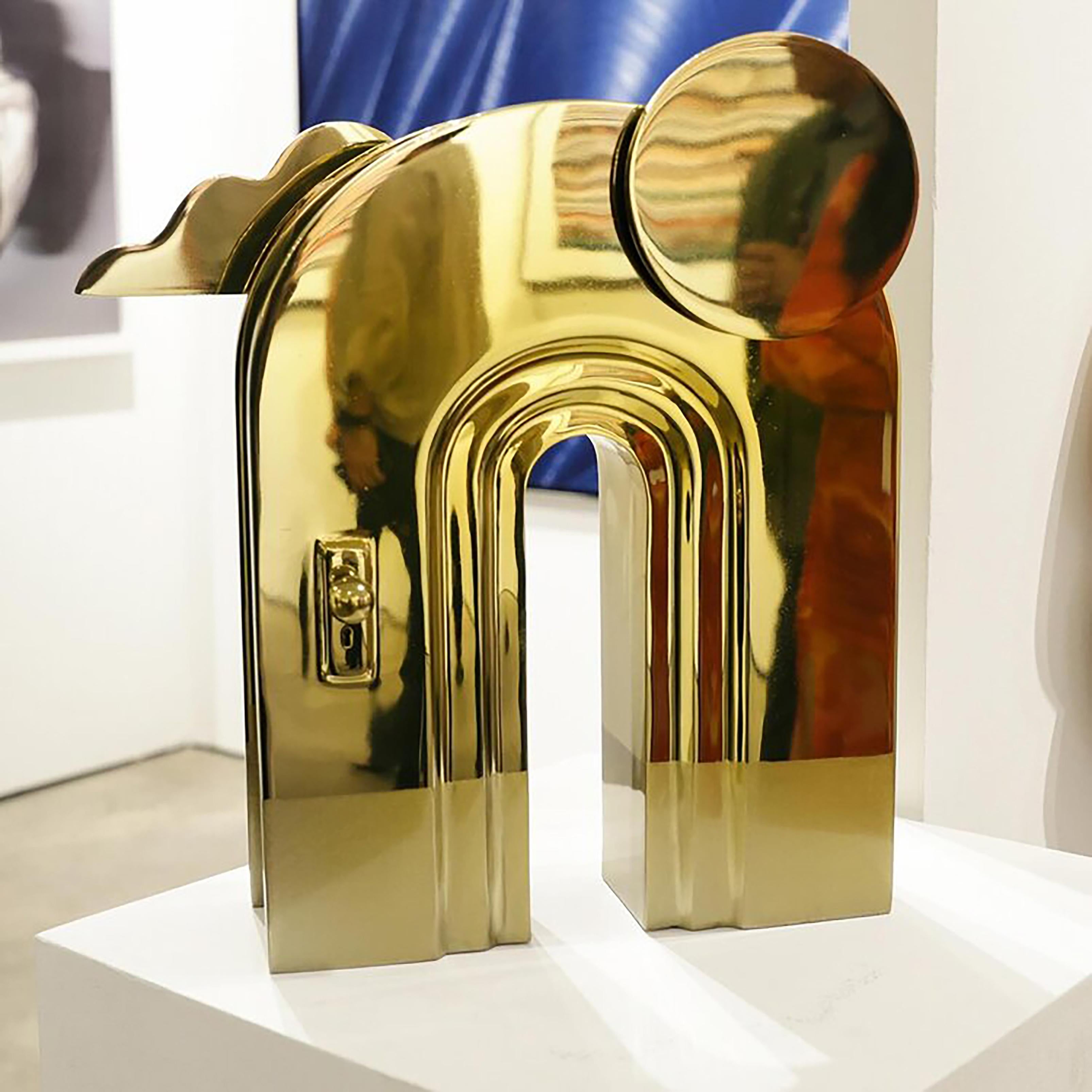Mary Lai Abstract Sculpture - "Dream Portal(ble) Golden" stainless steel and gold plating sculpture