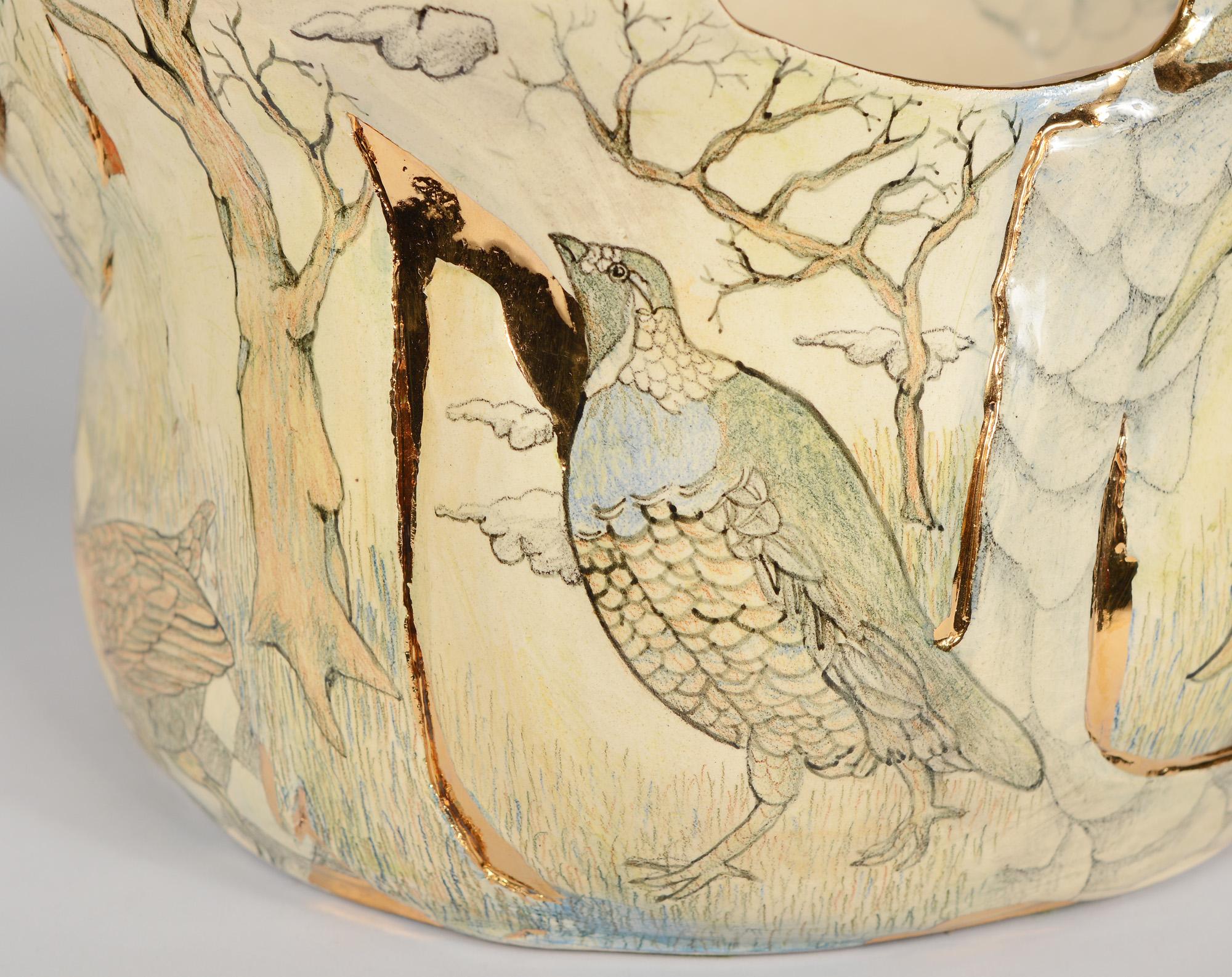 Mary Lou Higgins Large Ceramic Bowl Decorated with Figures and Birds 2