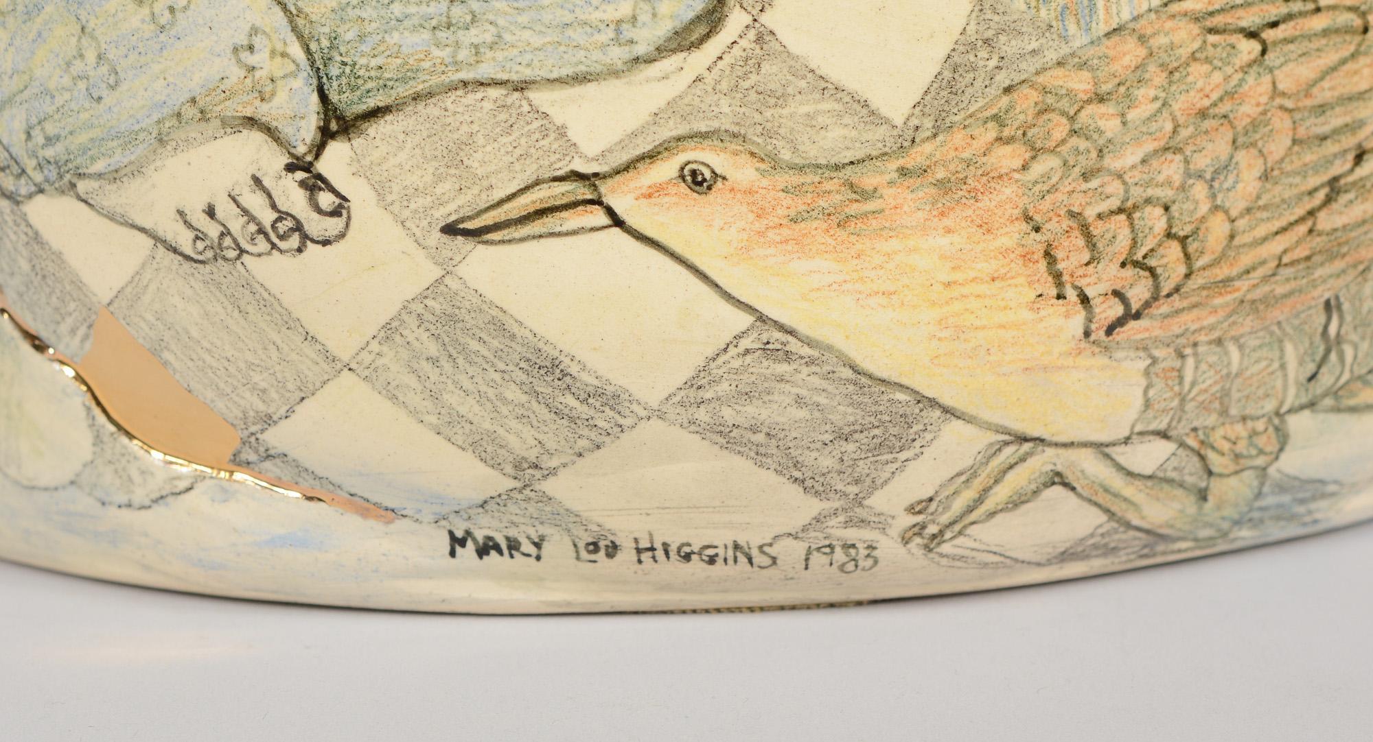 Mary Lou Higgins Large Ceramic Bowl Decorated with Figures and Birds 3
