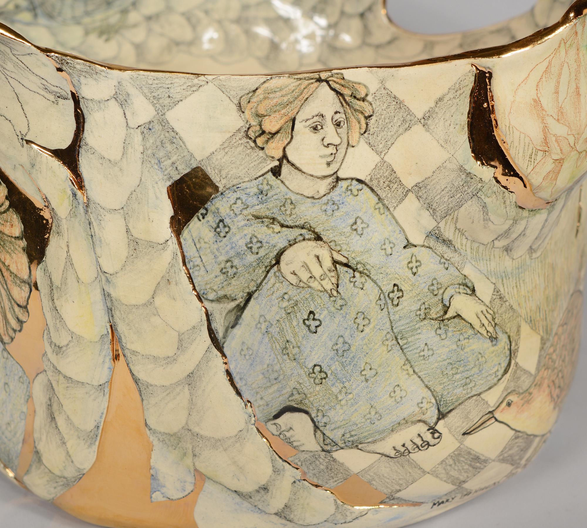 Mary Lou Higgins Large Ceramic Bowl Decorated with Figures and Birds 4