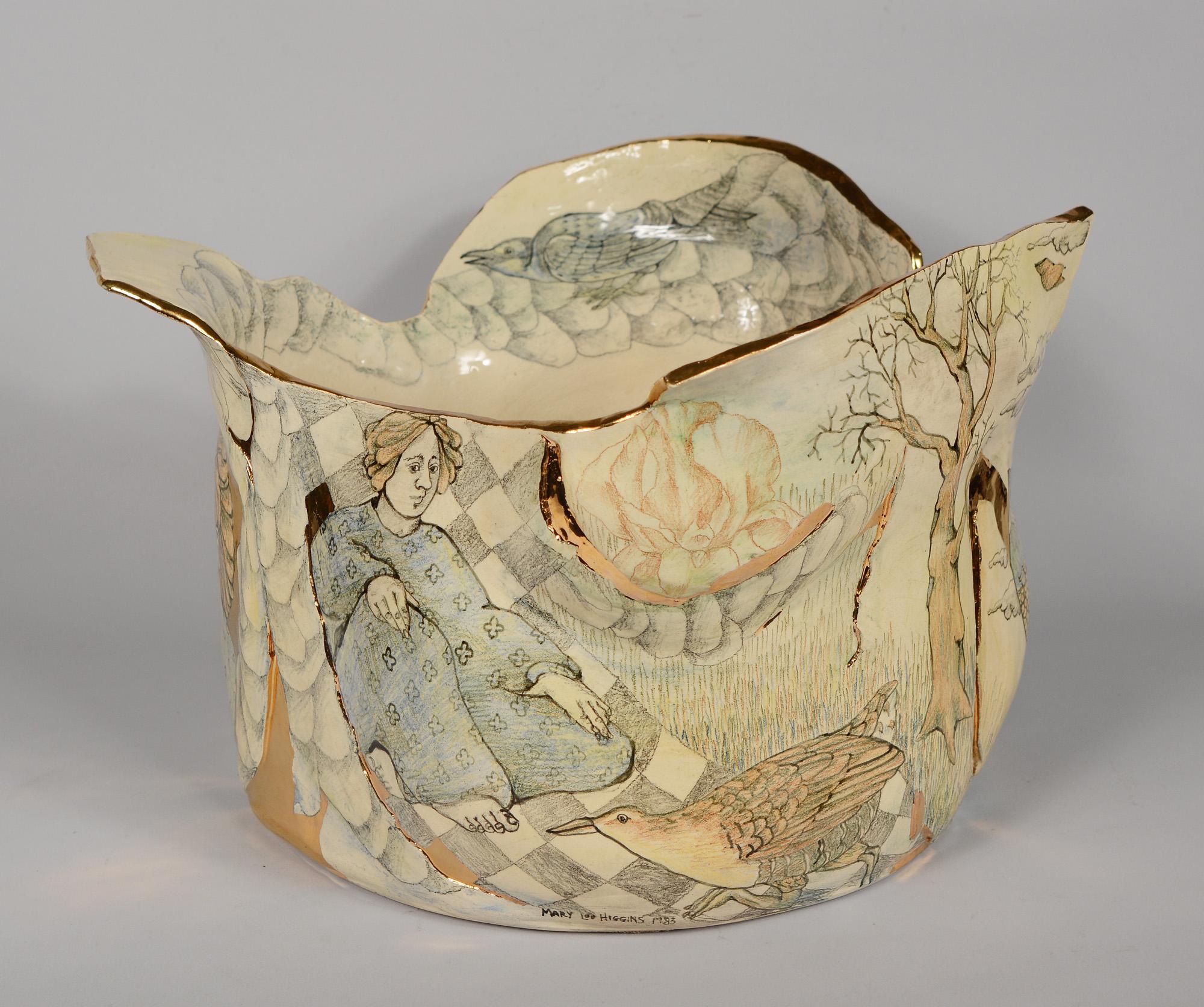 Studio Pottery bowl by Mary Lou Higgins (1926-2012). This slab built bowl is intricately illustrated with women and birds. The piece is dated 1983. Higgins worked in North Carolina with ceramics, furniture and weaving.