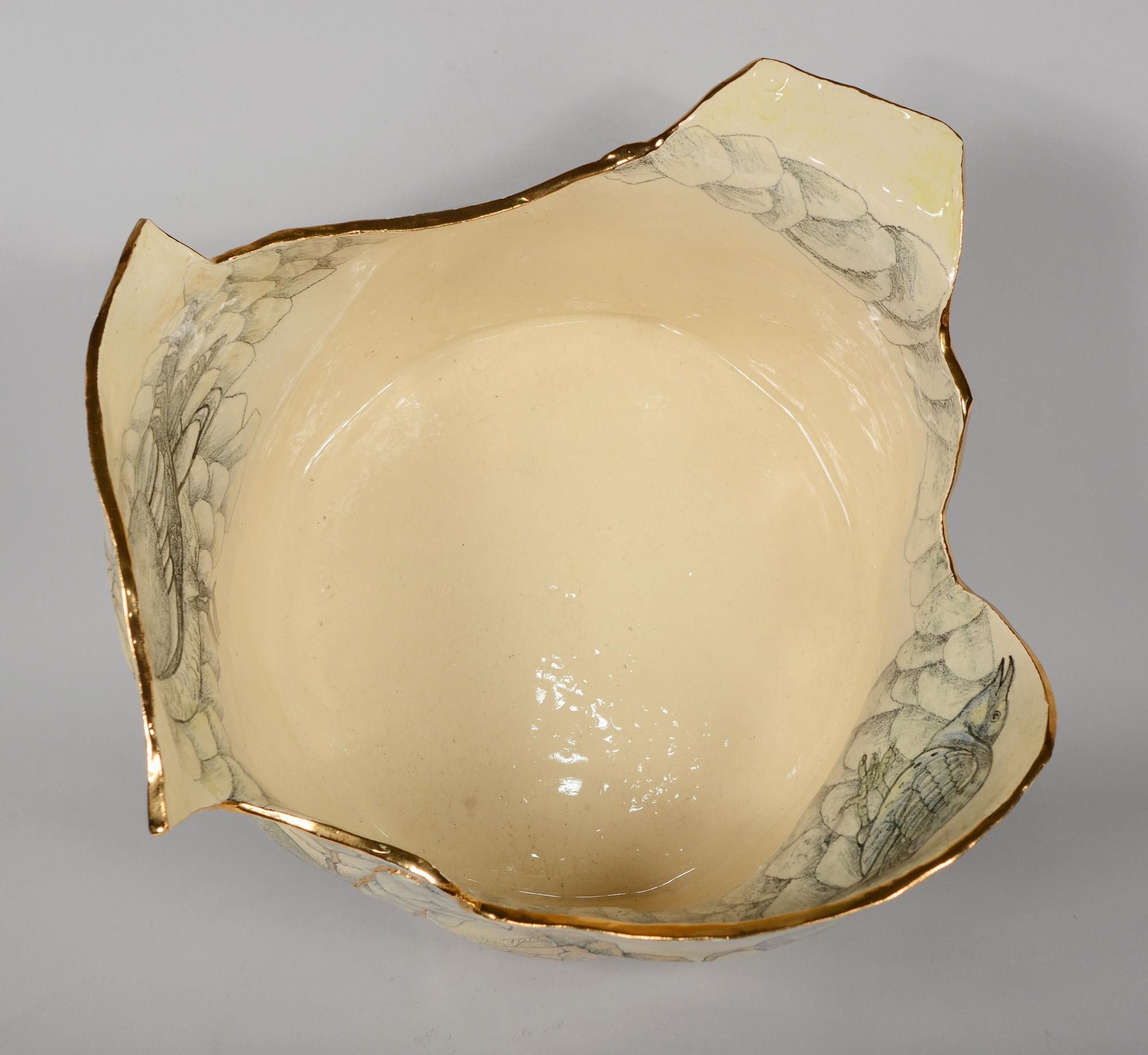 Post-Modern Mary Lou Higgins Large Ceramic Bowl Decorated with Figures and Birds