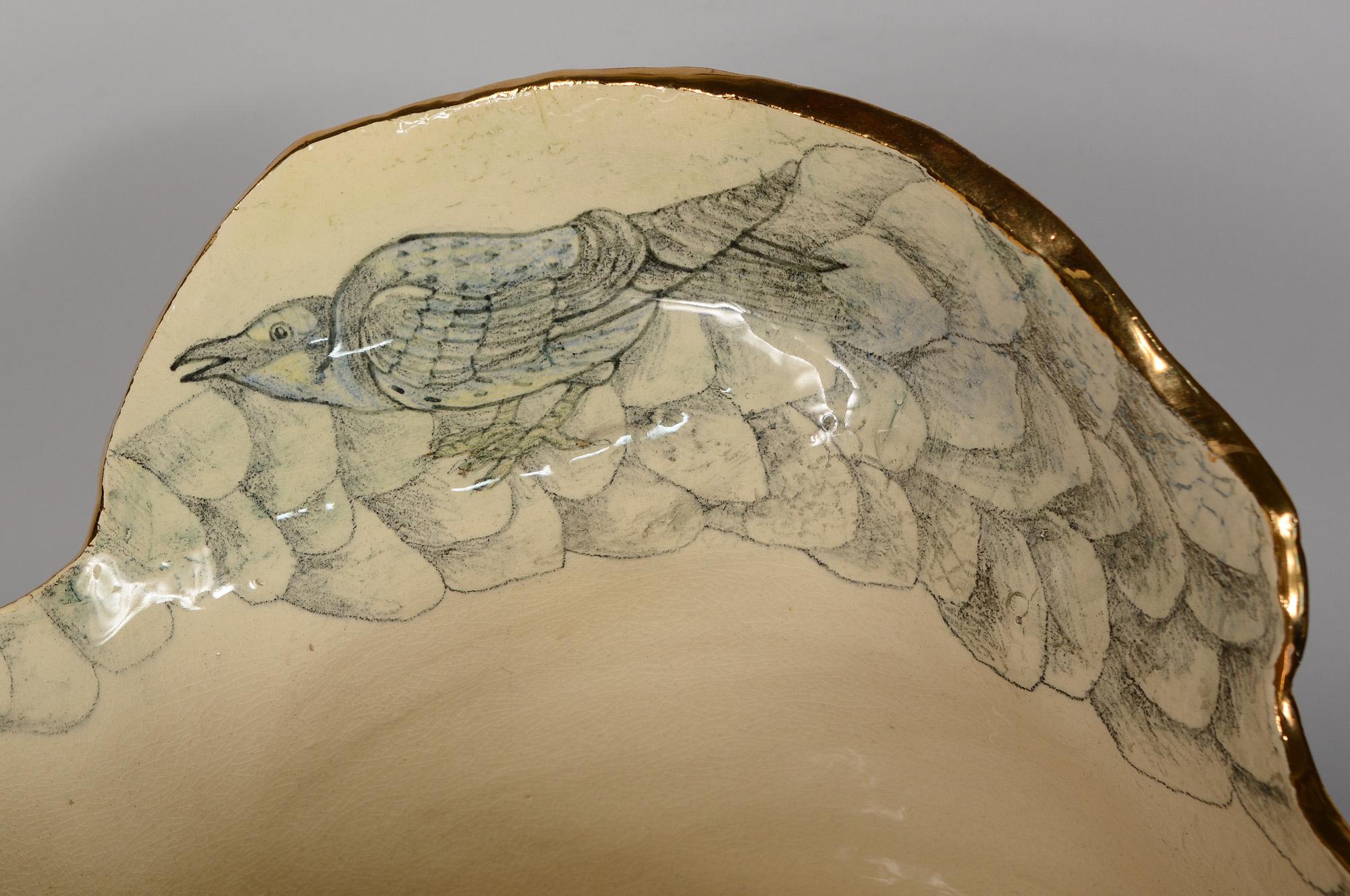 American Mary Lou Higgins Large Ceramic Bowl Decorated with Figures and Birds