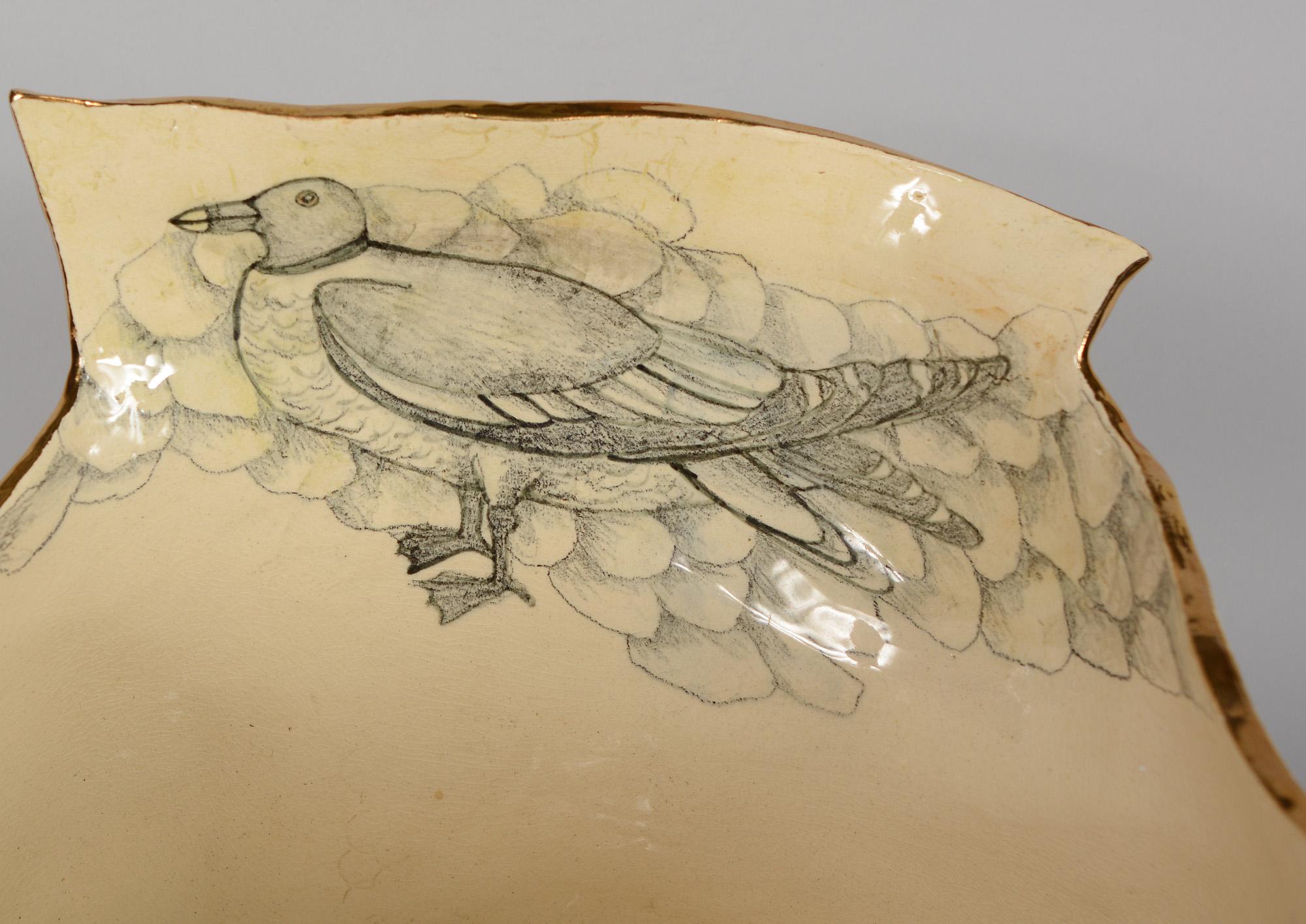 Mary Lou Higgins Large Ceramic Bowl Decorated with Figures and Birds In Good Condition In San Mateo, CA