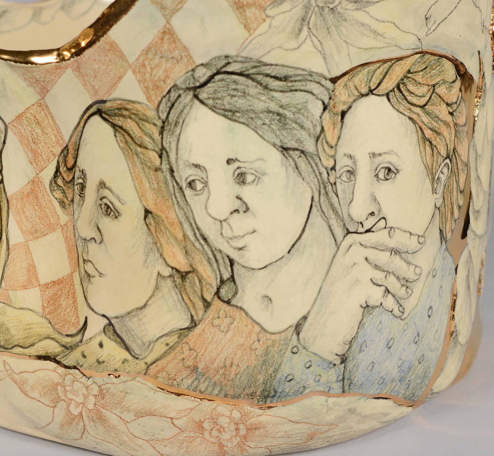 Late 20th Century Mary Lou Higgins Large Ceramic Bowl Decorated with Figures and Birds