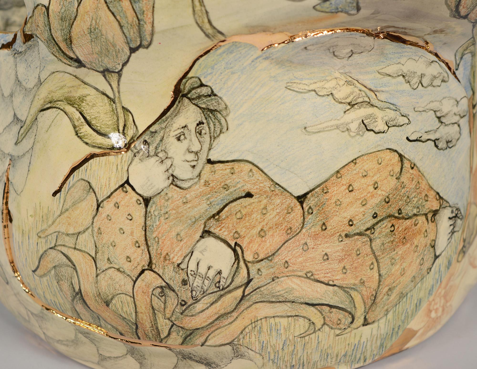 Mary Lou Higgins Large Ceramic Bowl Decorated with Figures and Birds 1