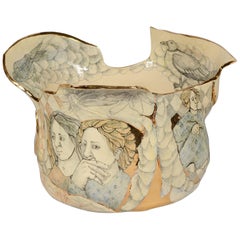 Mary Lou Higgins Large Ceramic Bowl Decorated with Figures and Birds