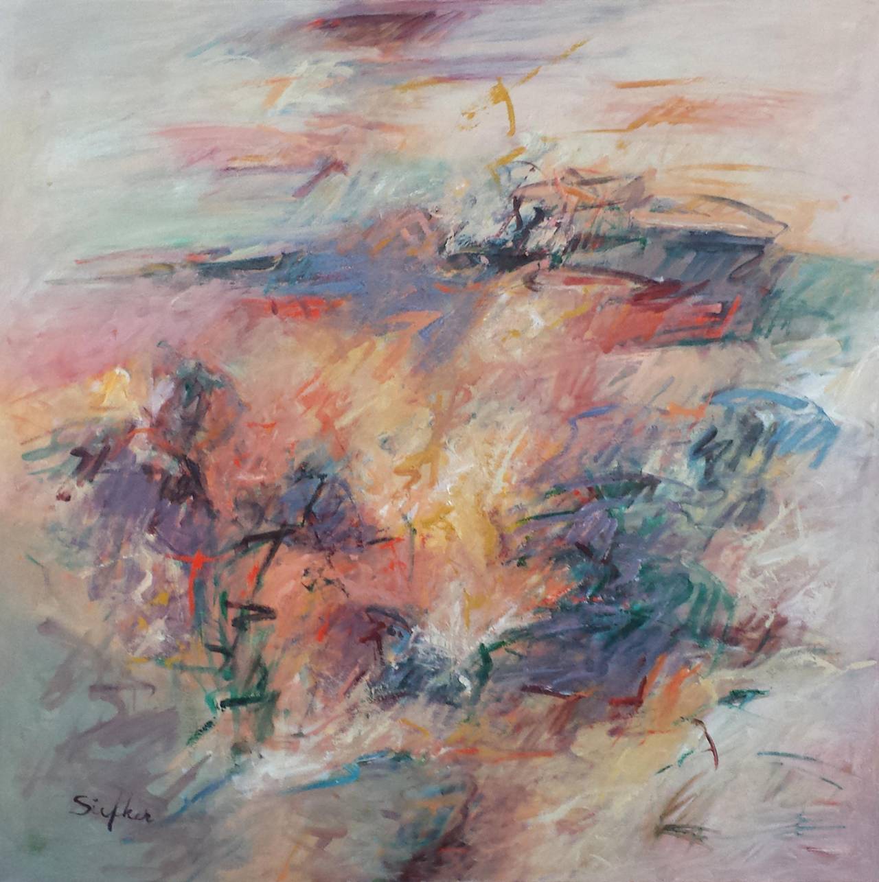 Abstract Painting de Mary Lou Siefker - «Celebración en violeta» 40 x 40