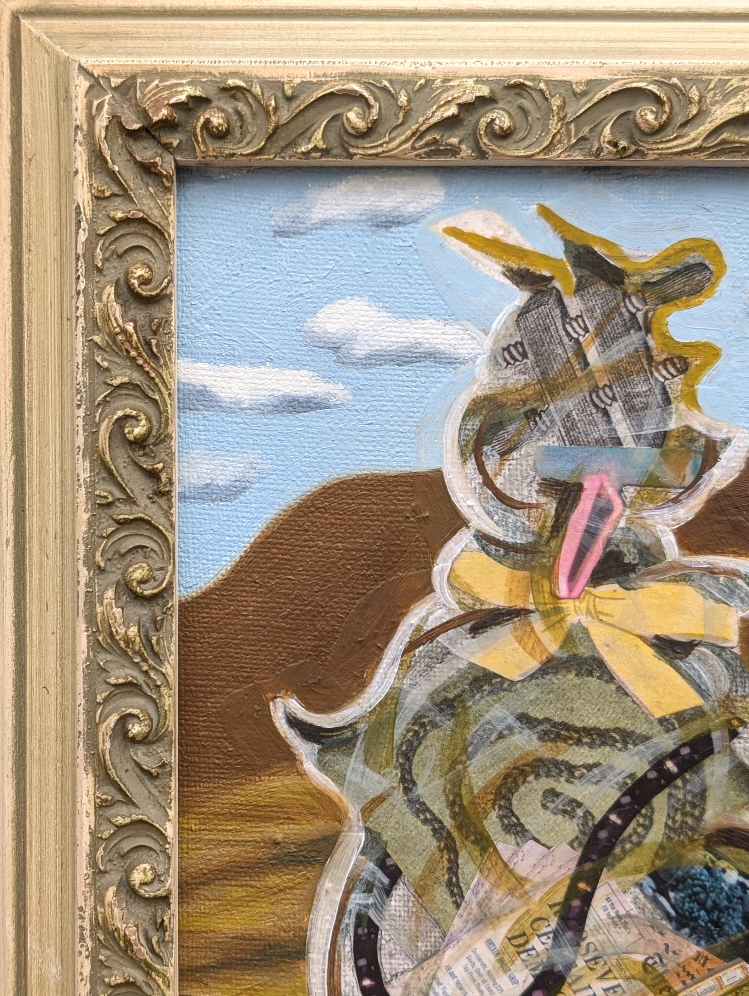 Modern colorful mixed media abstract surrealist landscape painting by American artist Mary Lou Zelazny. The work features a central swirling shape made of collaged magazine clippings set against a dreamlike desert landscape. Signed and dated in the