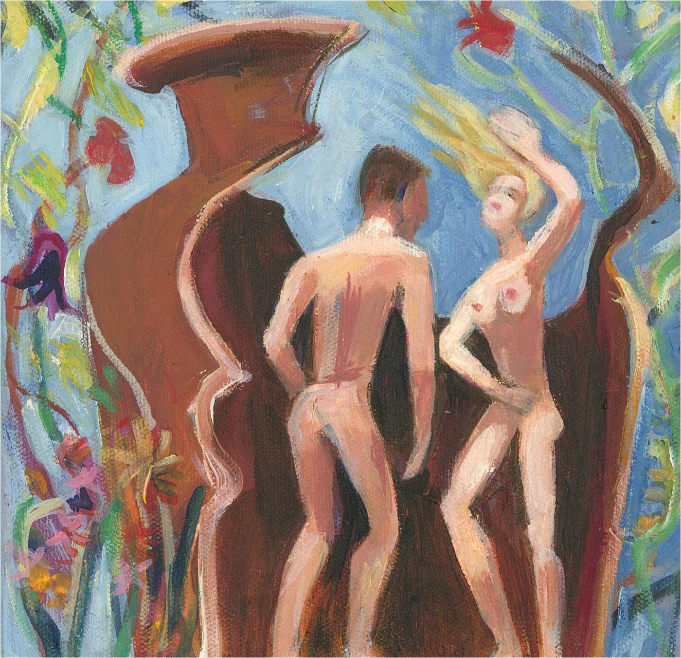 An interesting oil scene of two nude figures in a broken vase surrounded by flowers. The artist has signed and dated to the lower right. On canvas on stretchers.