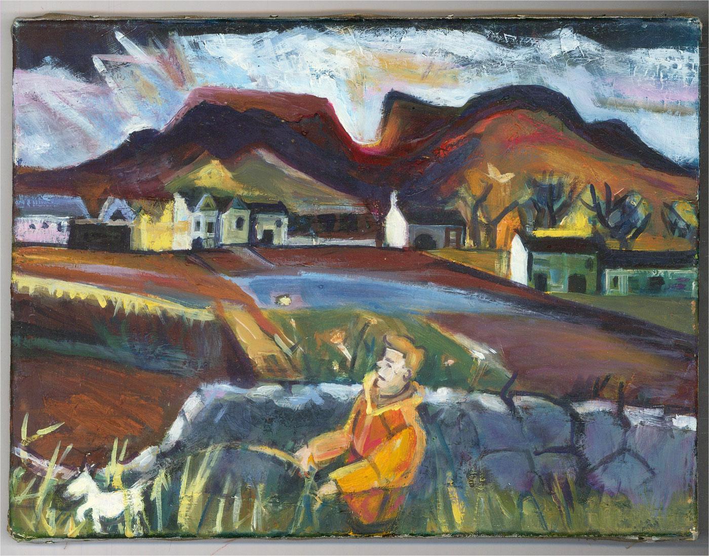 Mary Louise Coulouris (1939-2011) - Óleo firmado de mediados del siglo XX, El paseo del perro en venta 2