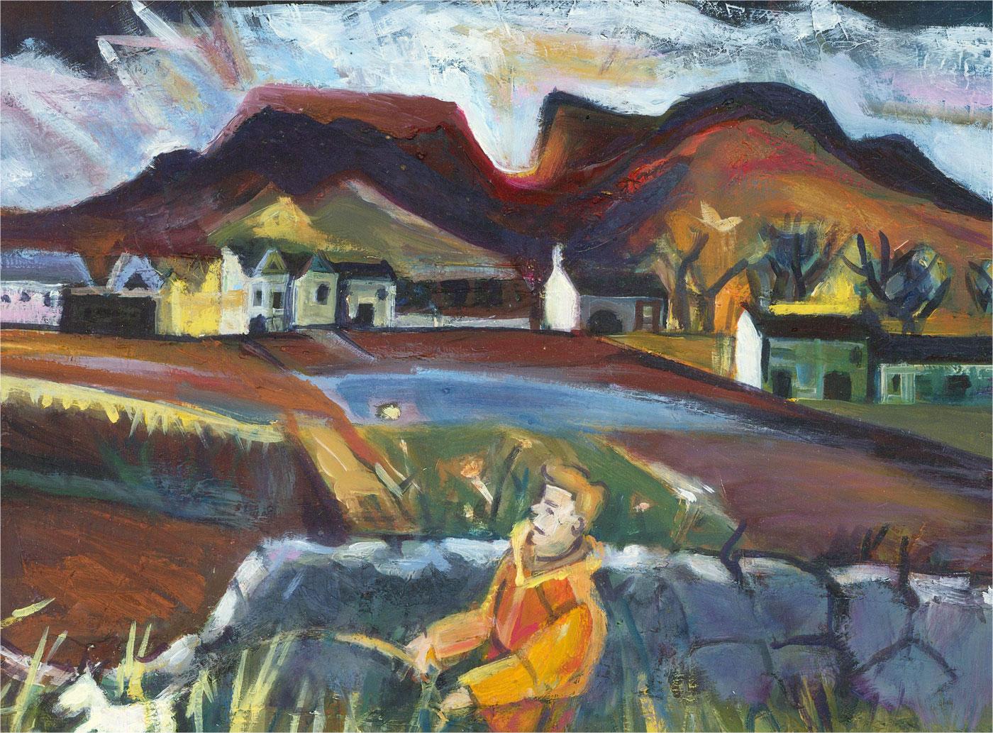 An interesting oil of a man walking his dog amongst a gloomy landscape. In the distance we can see the town set against the vast mountains. Signed to the reverse on the stretchers. On canvas on stretchers.