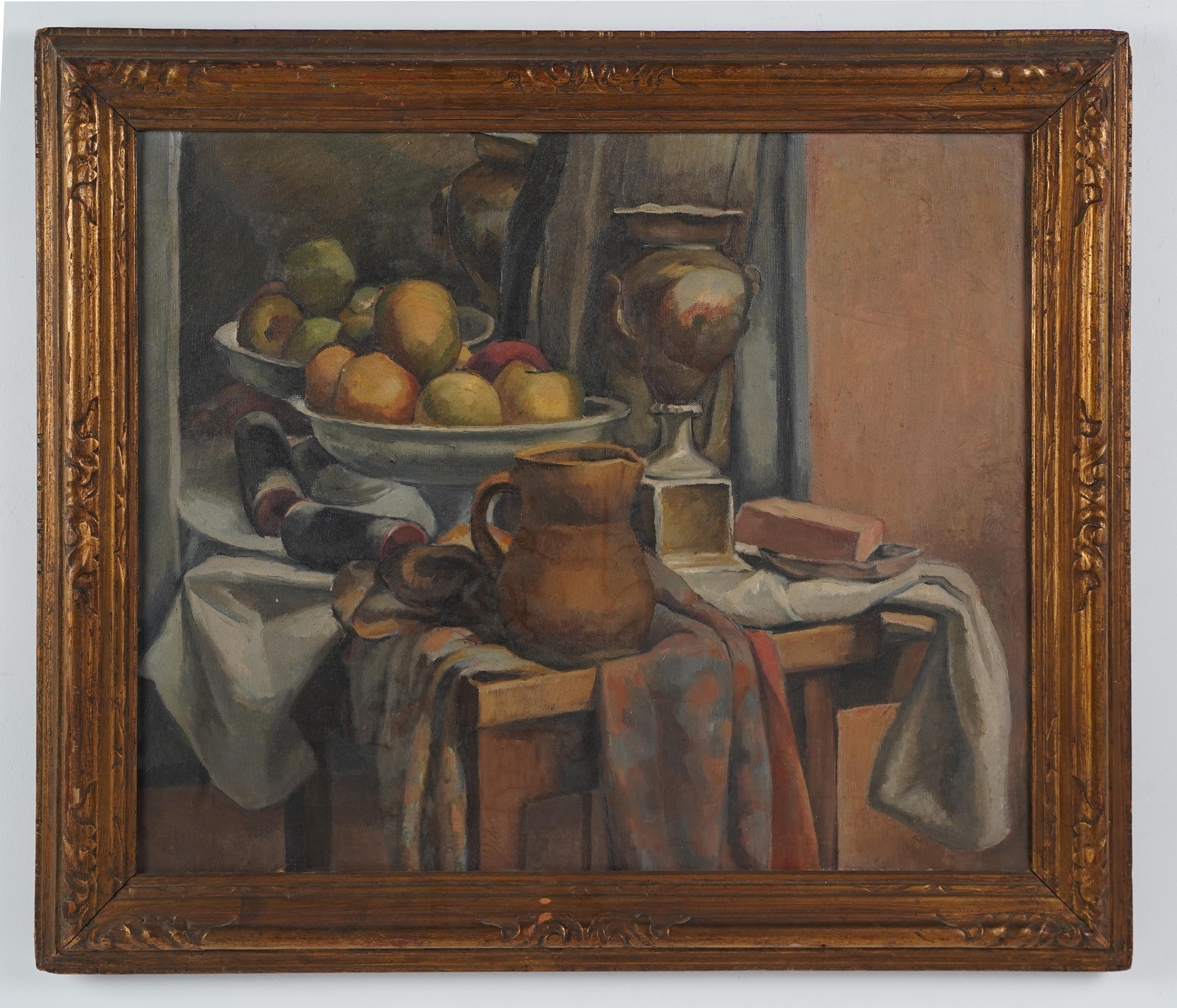 Antique American modernist still life oil painting by Mary M. Greer (- 1900).  Oil on canvas.  Signed.  Framed.  Image size, 25.5L x 21.5H.