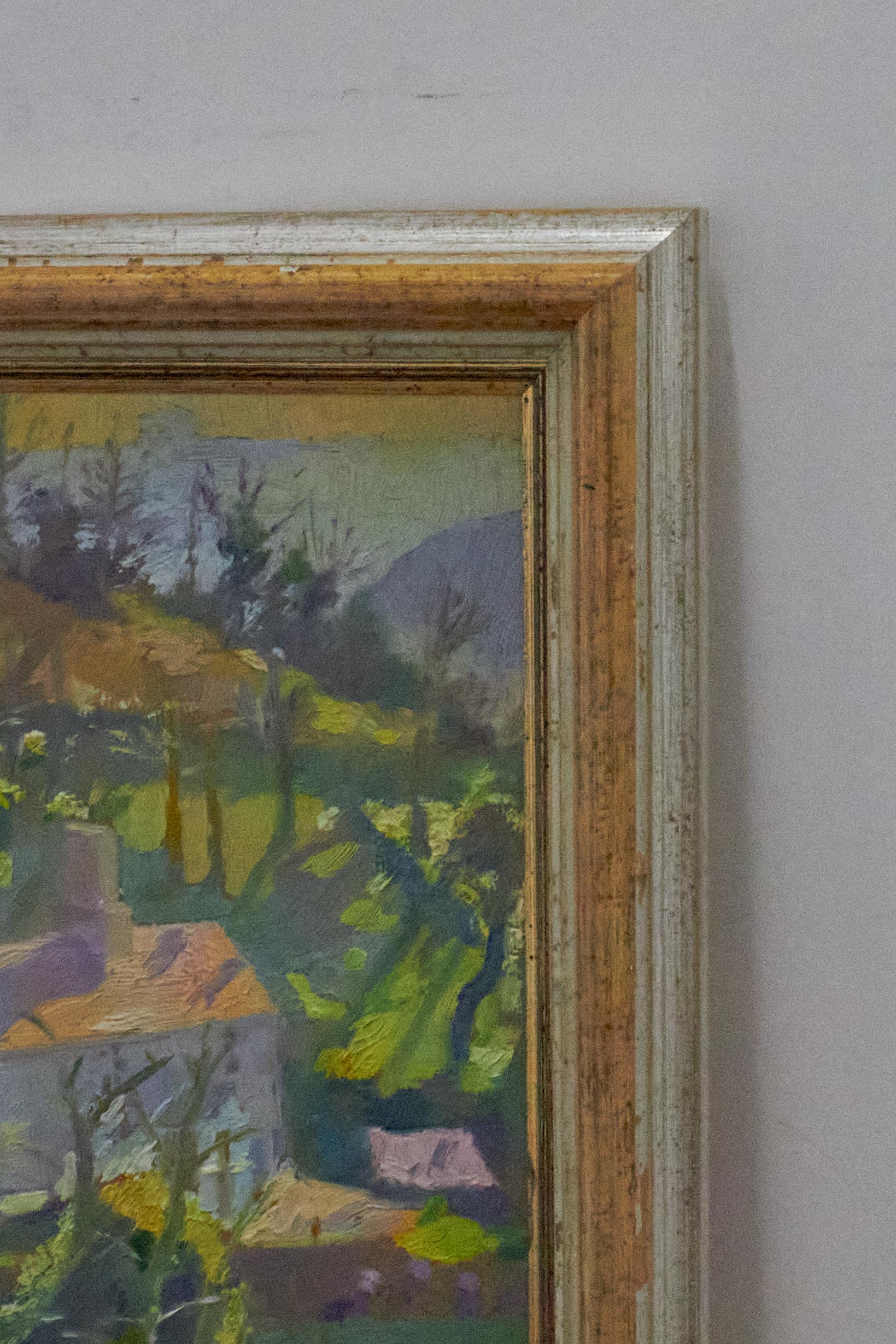 An exhilarating portrayal of light and shade by Cornwall based artist Mary Martin. Painted in situ, this stunning oil captures the spirit of place in this summer garden scene. Positioned at the top of a large valley plot, Mary's composition takes a