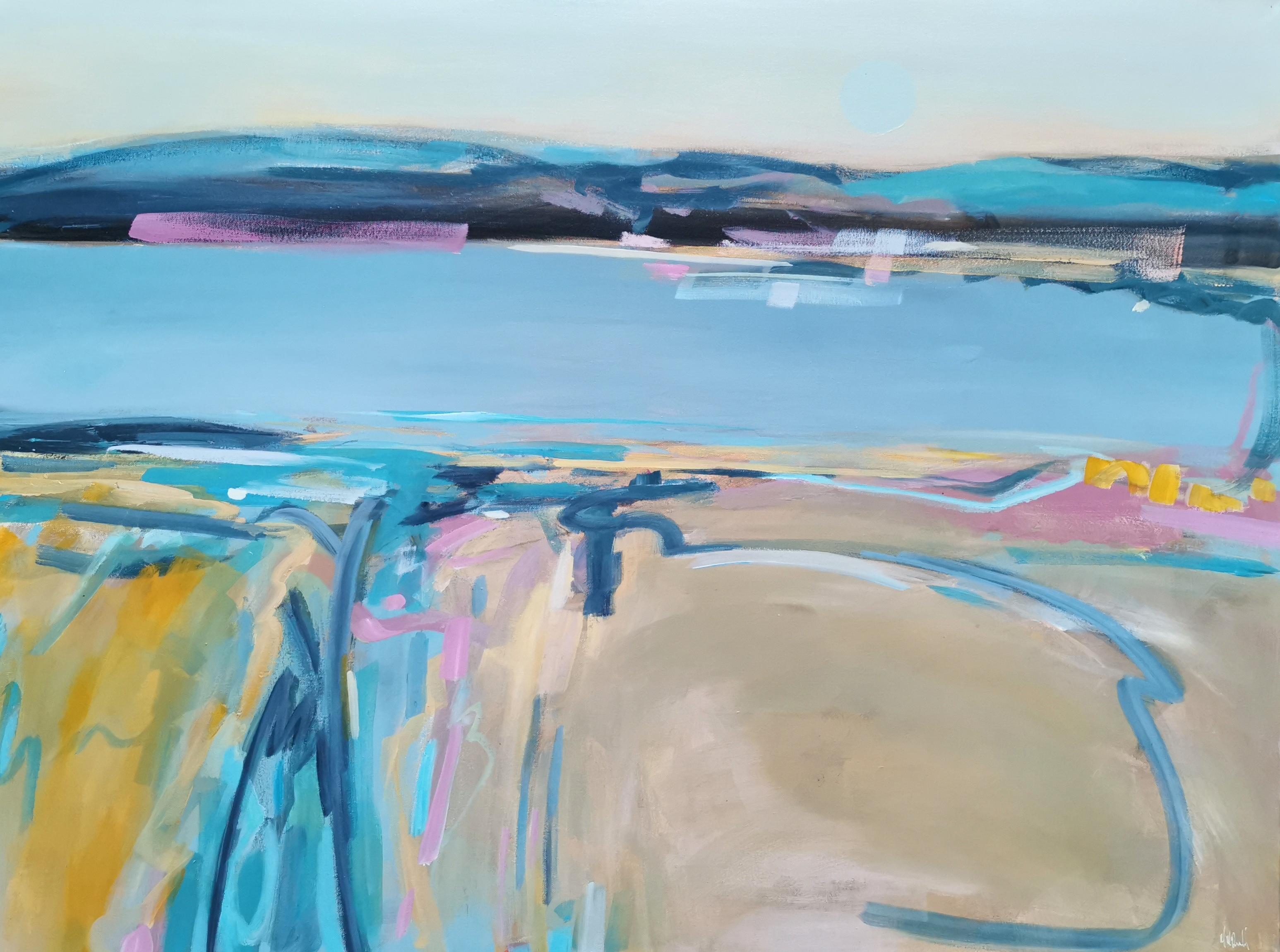 Evening light over the loch and a gentle glow from the moon encouraging pathways to be followed by eye over the hillside, shoreline and loch. The movement of soft light journeying and creating pattern.

Additional information:
Acrylic, Canvas on