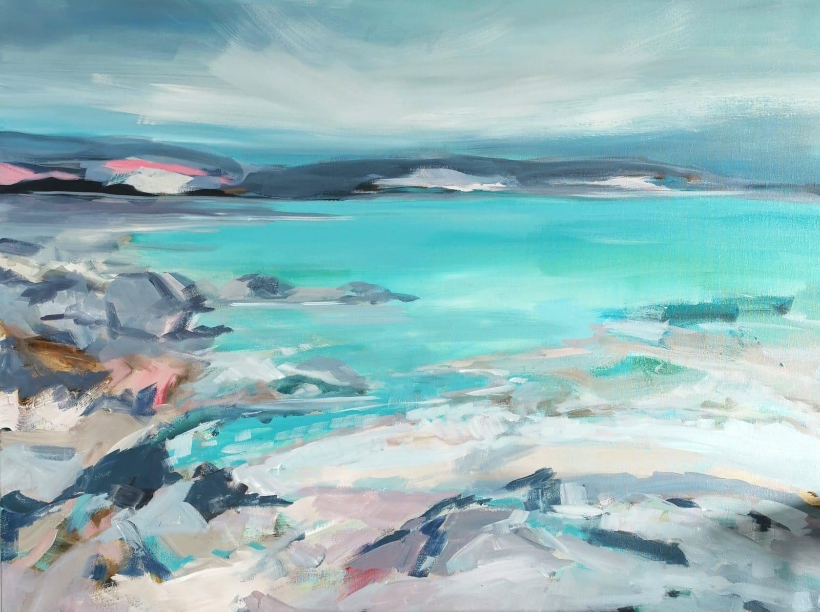 Landscape Painting di Mary McDonald - Guardando indietro verso le piccole isole, dipinto originale di paesaggio, opera d'arte sul lago