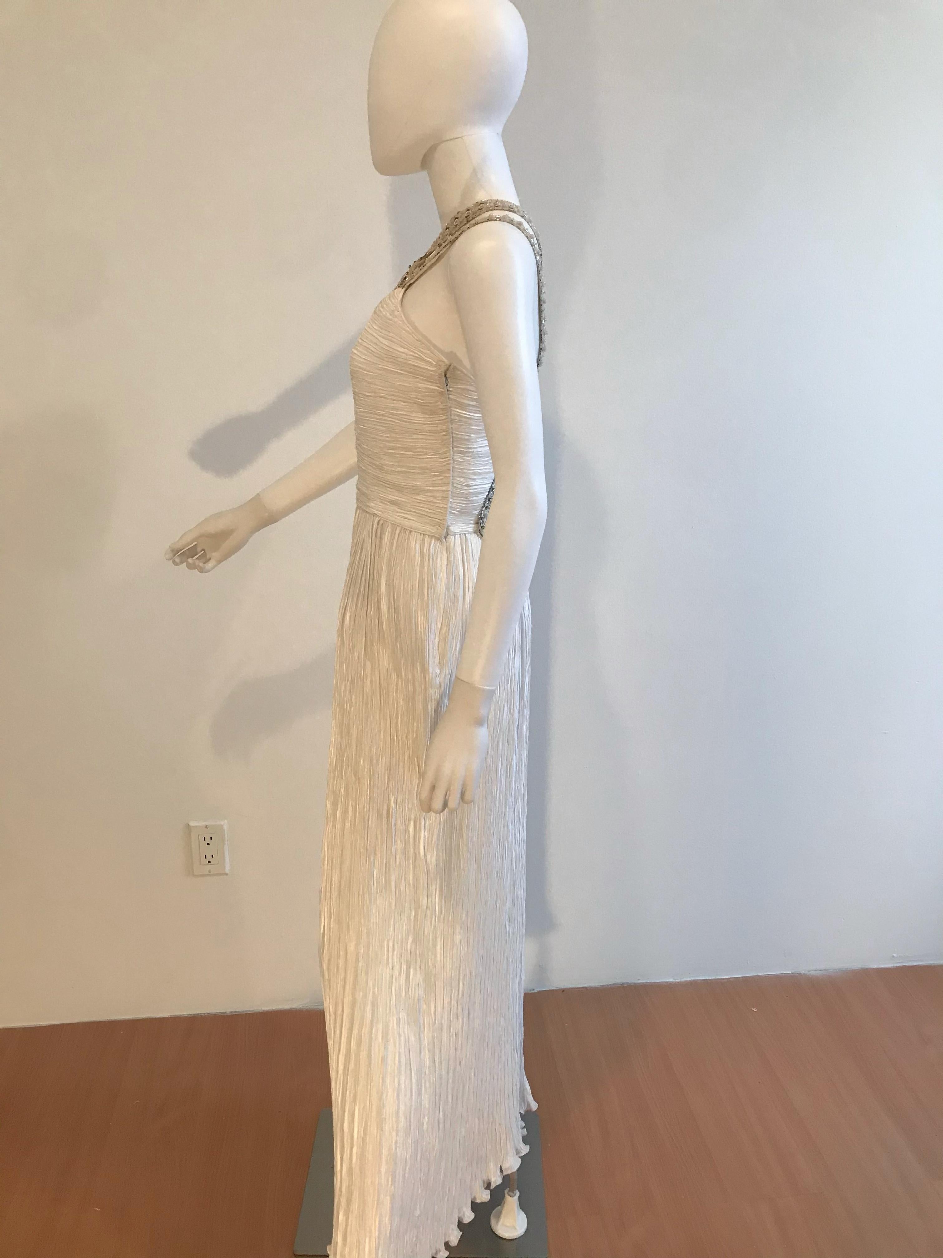 Mary McFadden Beaded Plisse Criss Cross White Gown In Good Condition For Sale In Brooklyn, NY