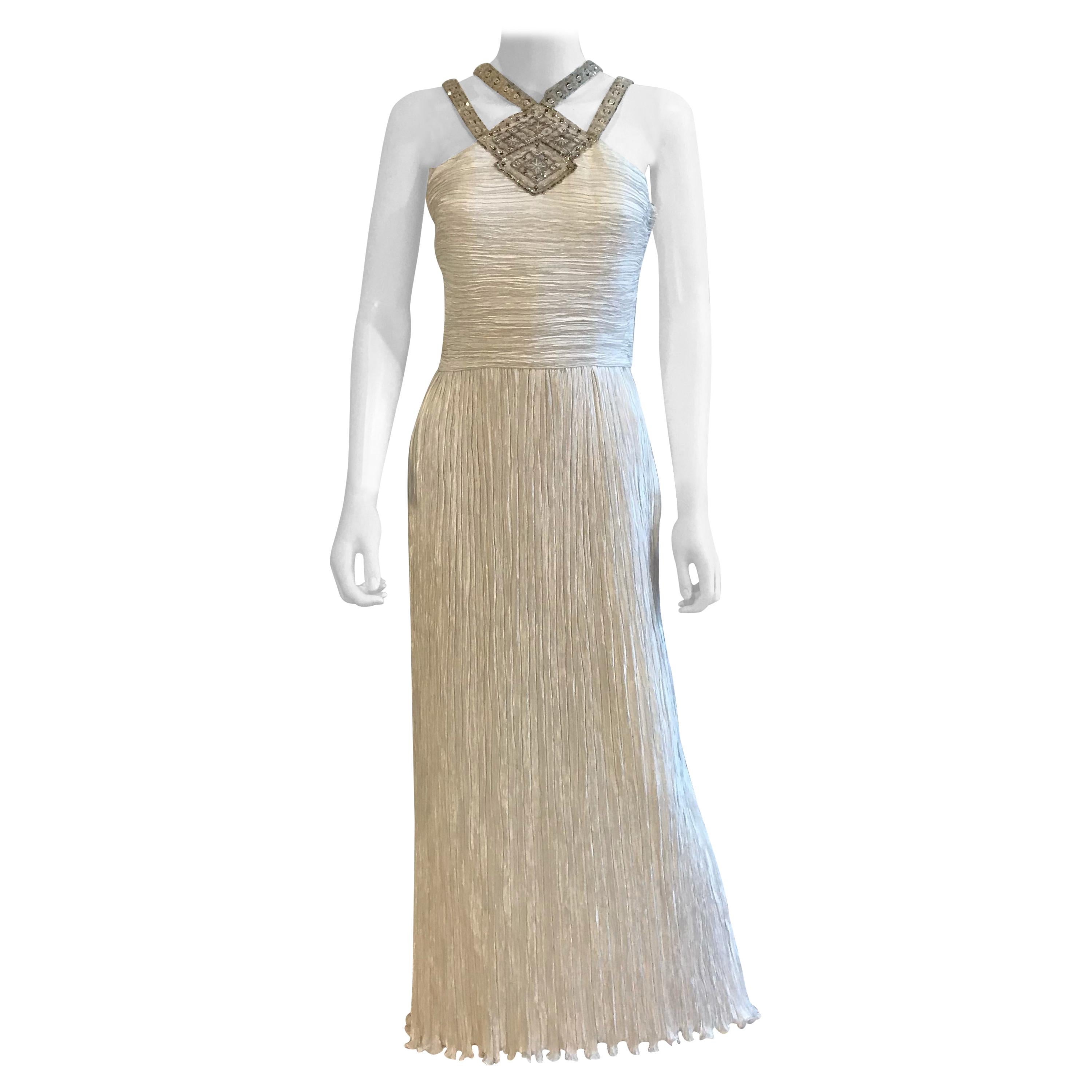 Mary McFadden Beaded Plisse Criss Cross White Gown For Sale