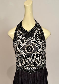 Mary McFadden Black Beaded Halter Top Gown with a Fortuny Style Pleated Skirt