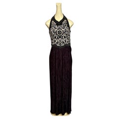 Mary McFadden Black Beaded Halter Top Gown with a Fortuny Style Pleated Skirt