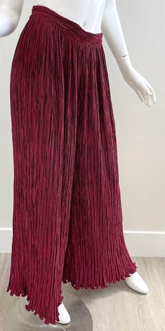 Mary McFadden Couture 1990s Burgundy Size 4 Pleated Wide Leg Palazzo 90s Pants