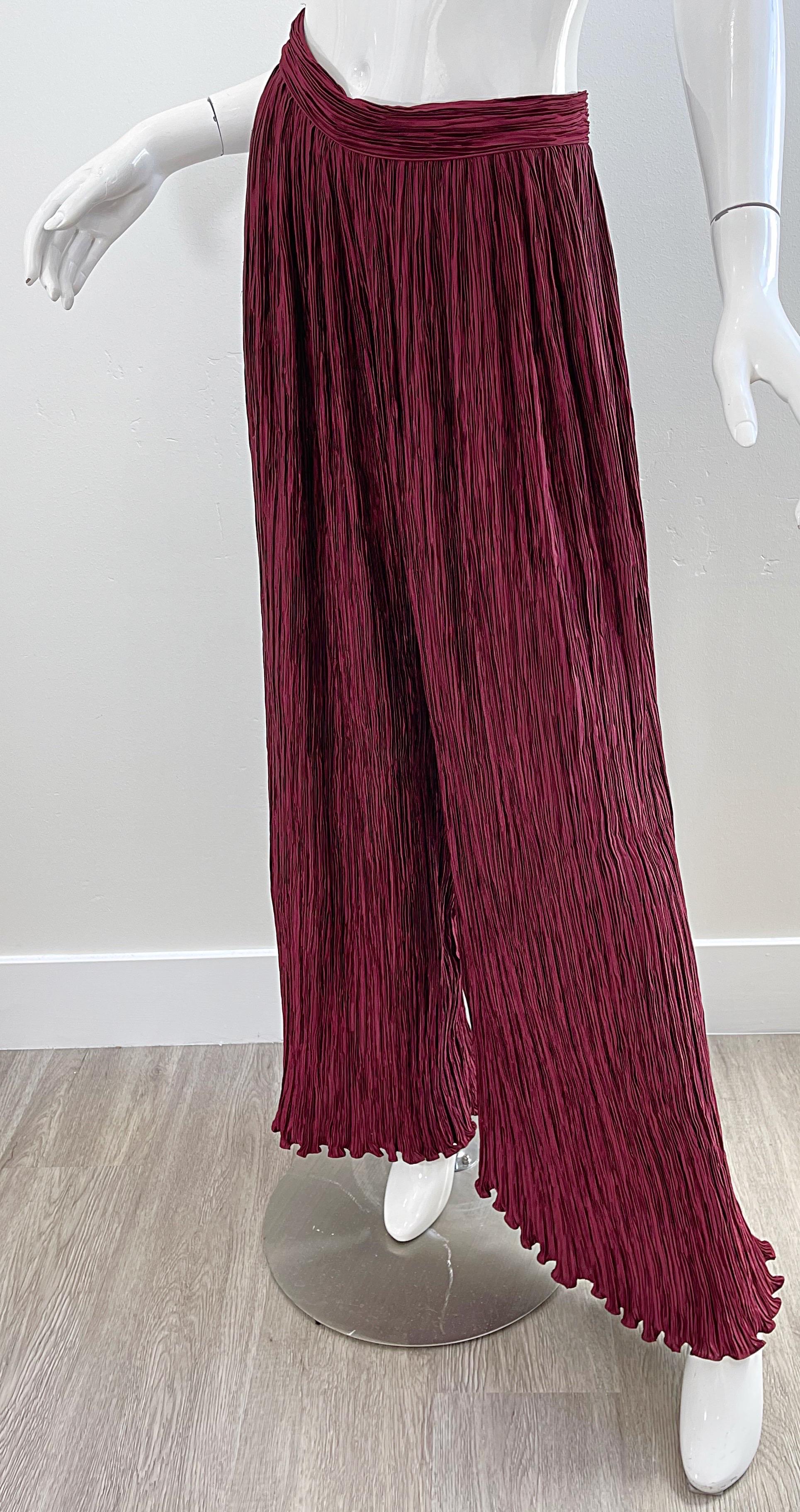 Mary McFadden Couture - Pantalon Palazzo à jambes larges plissé, taille 4, bourgogne, années 1980  en vente 3