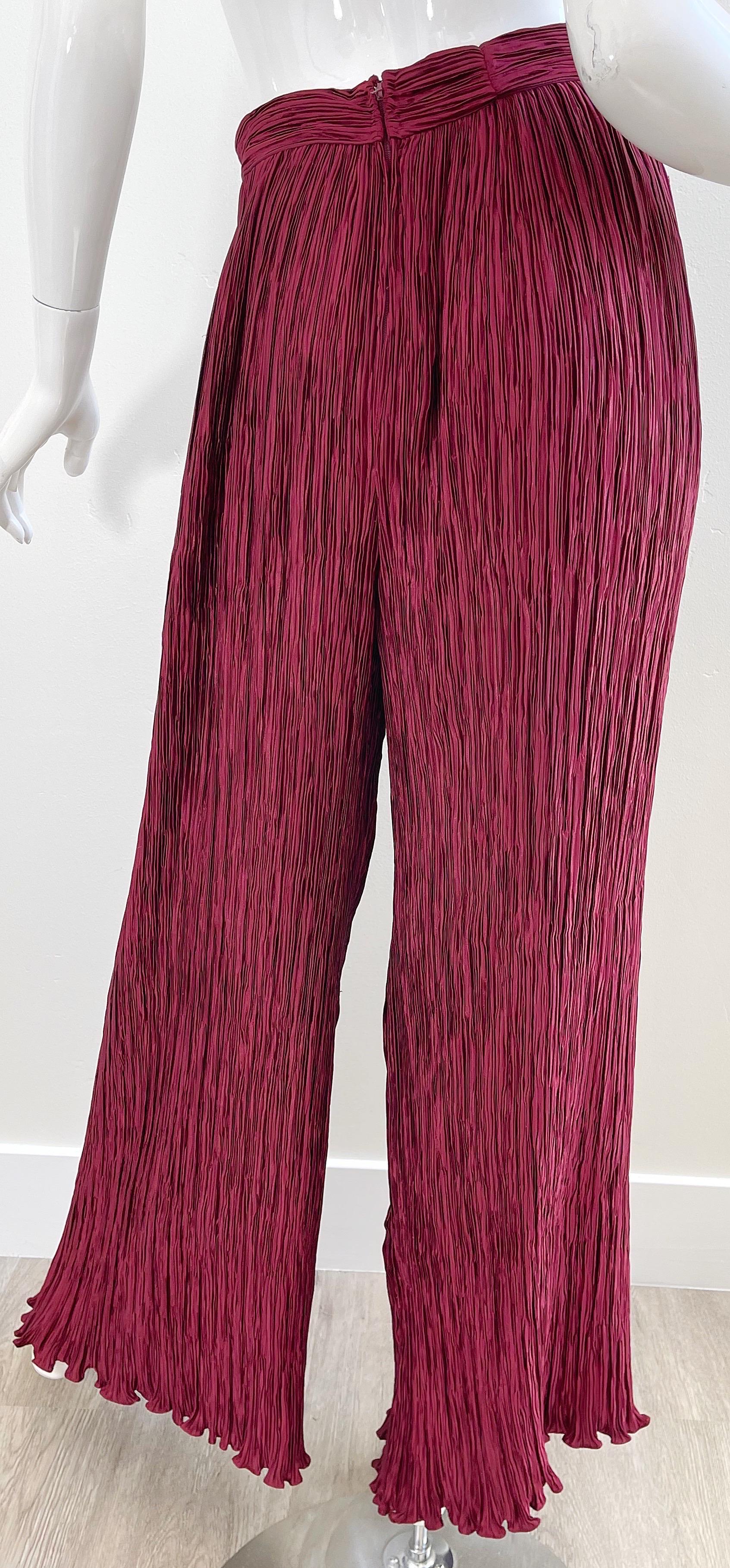 Mary McFadden Couture 1990s Burgundy Size 4 Pleated Wide Leg Palazzo 90s Pants  For Sale 4