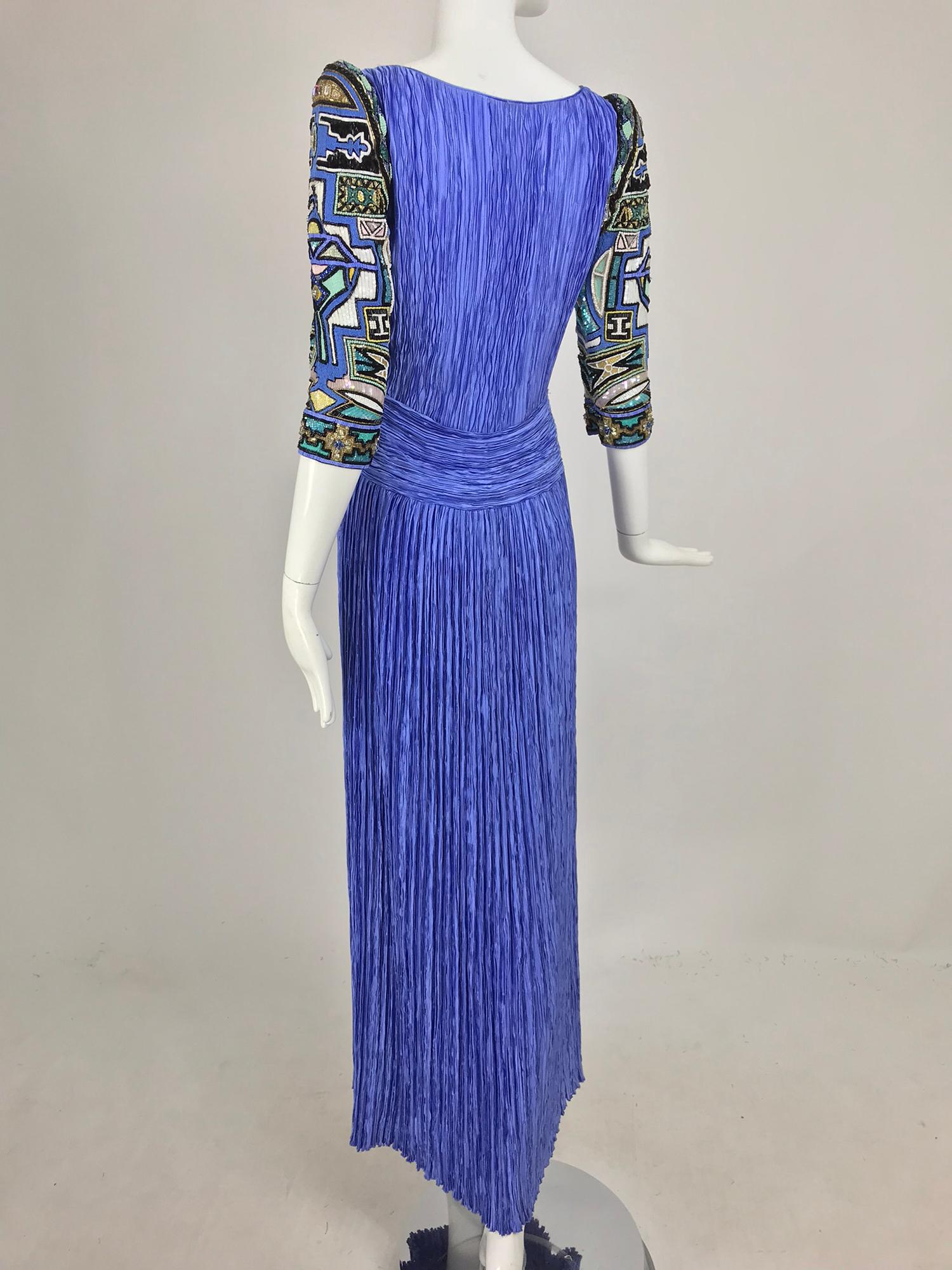 Mary McFadden Couture Art Beaded Pleated Evening Gown in Blue 1980s 3